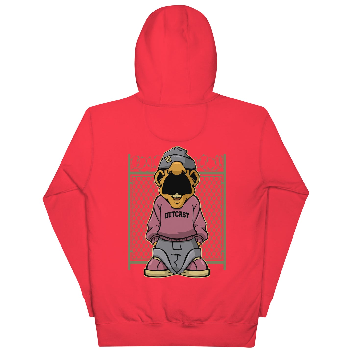 Red-Outcast Graffiti Character Hoodie from B.Different Clothing, back view, graffiti-inspired streetwear