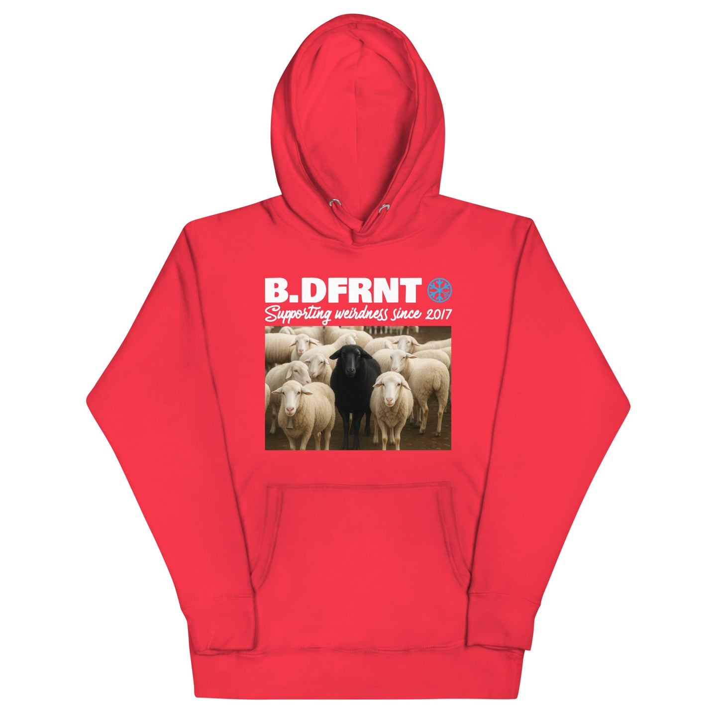 Red-Black Sheep Hoodie from B.Different Clothing, front view, graffiti-inspired streetwear