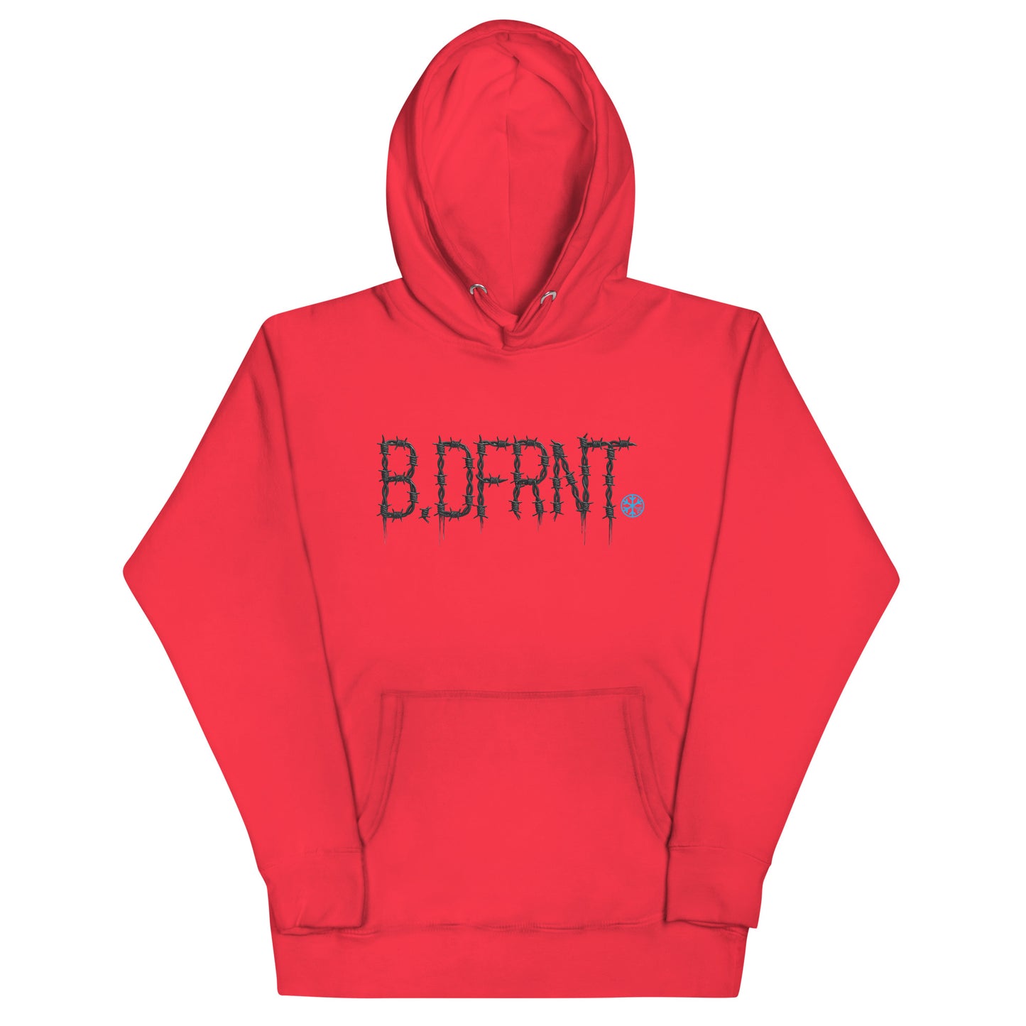 Red-B.DFRNT Barbed Wire Hoodie from B.Different Clothing, front view, graffiti-inspired streetwear