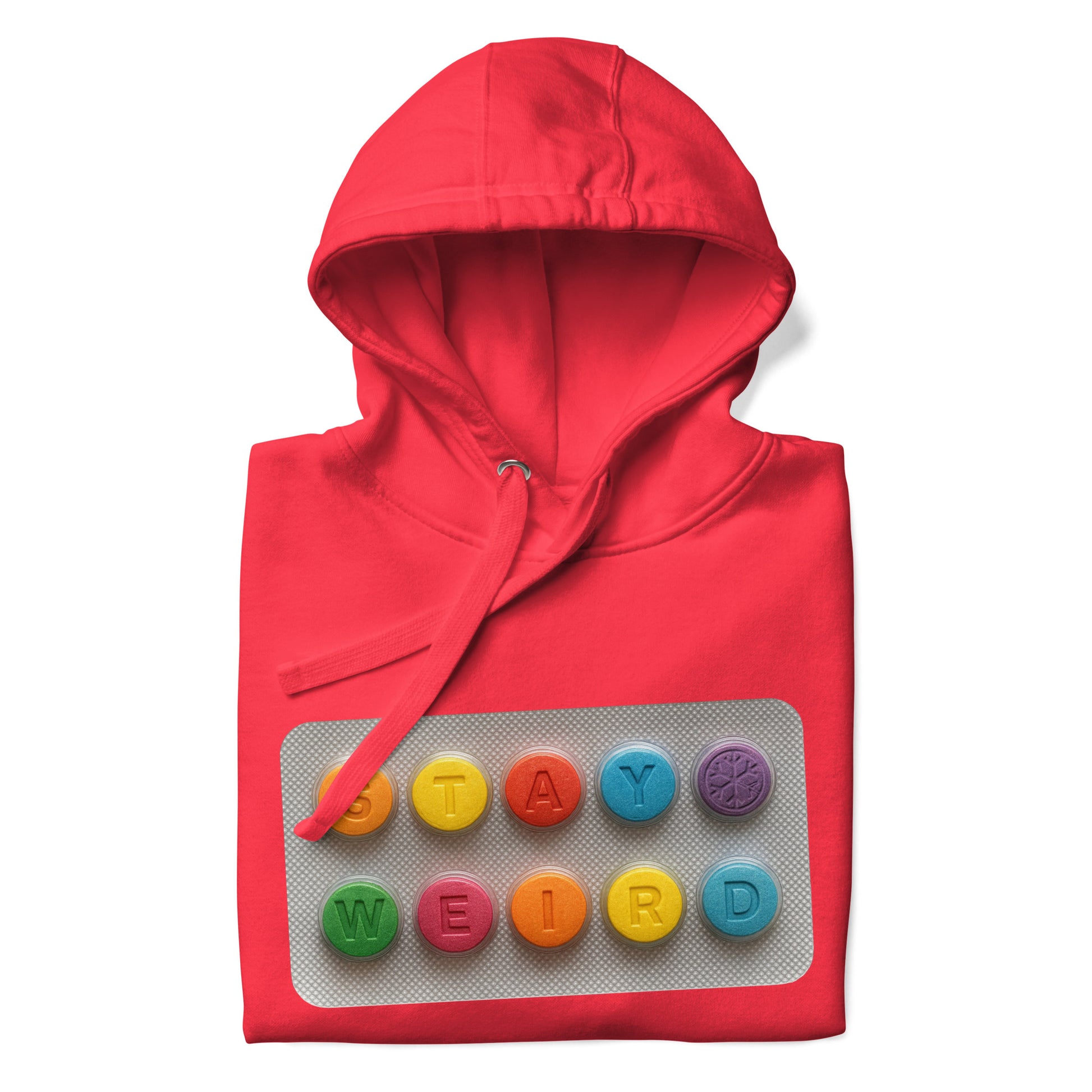 Red-Stay Weird Pills Hoodie from B.Different Clothing, folded, graffiti-inspired streetwear
