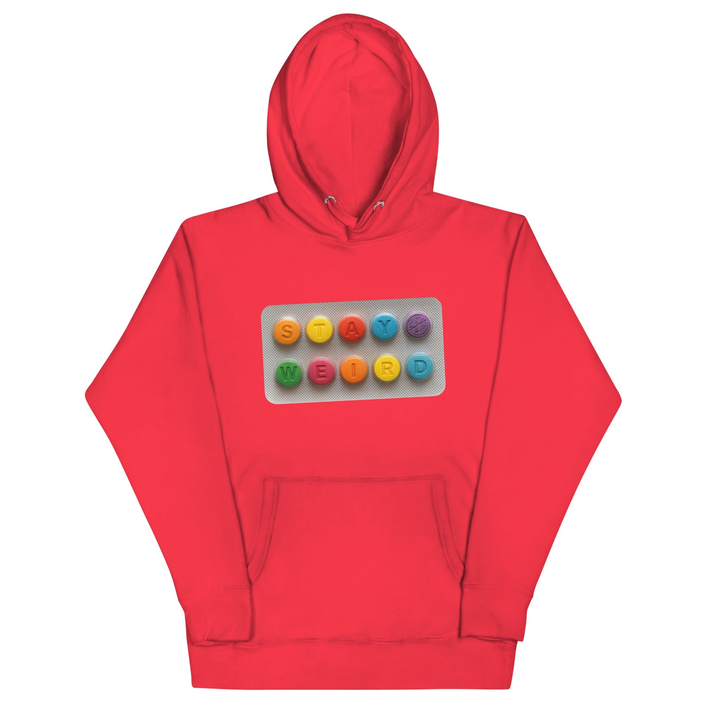 Red-Stay Weird Pills Hoodie from B.Different Clothing, front view, graffiti-inspired streetwear