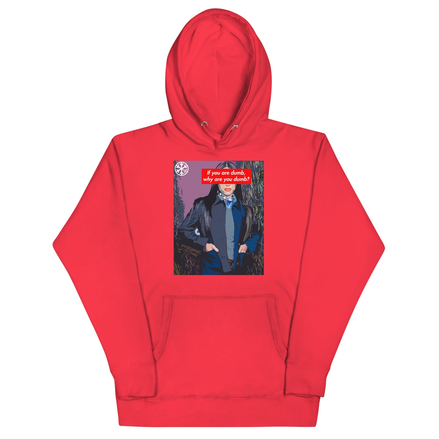 Red-Why Are You Dumb Hoodie from B.Different Clothing, front view, graffiti-inspired streetwear
