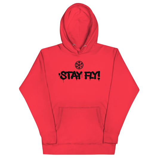 Red-Stay Fly Graffiti Tag Hoodie from B.Different Clothing, front view, graffiti-inspired streetwear