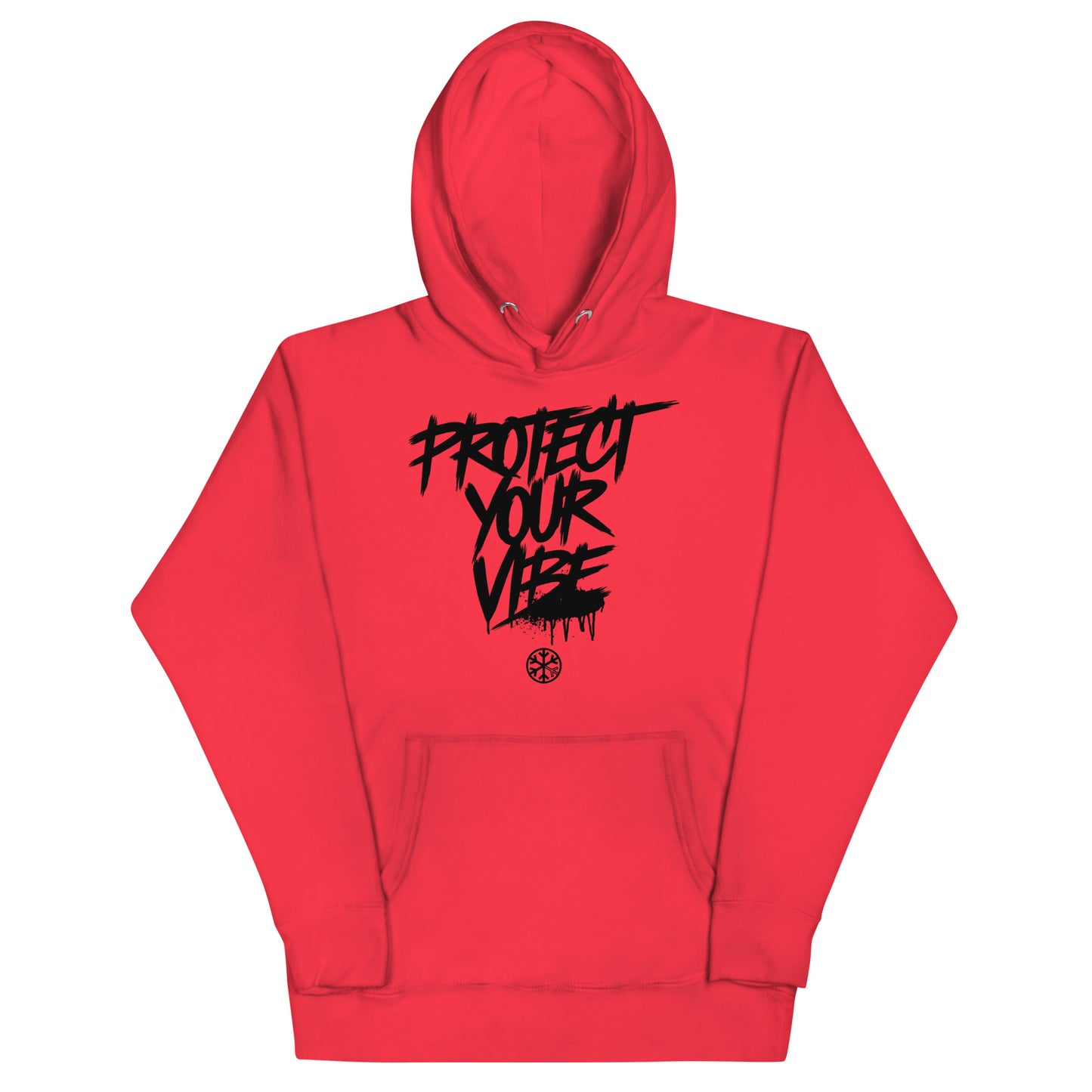 Red-Protect Your Vibe Graffiti Tag hoodie from B.Different Clothing, front view, graffiti-inspired streetwear