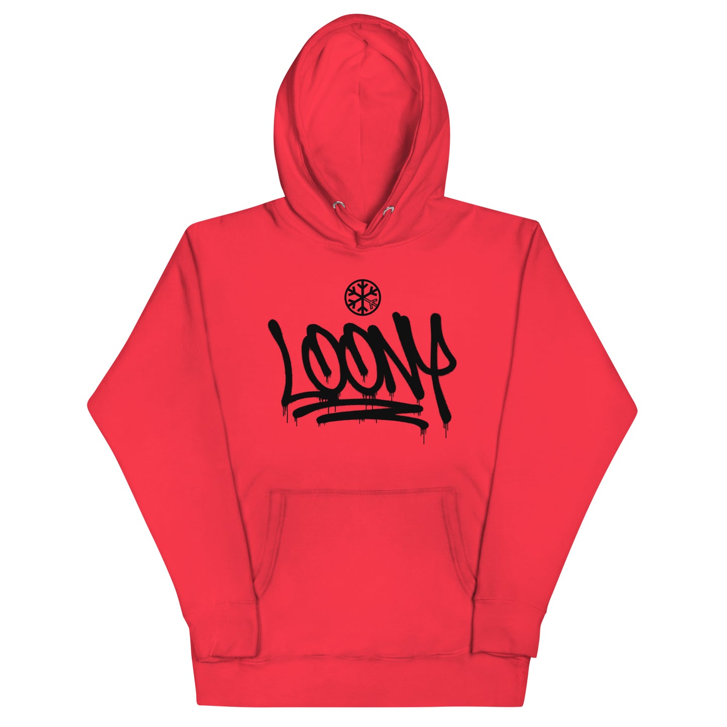 Red-Loony Graffiti Tag Hoodie from B.Different Clothing, front view, graffiti-inspired streetwear