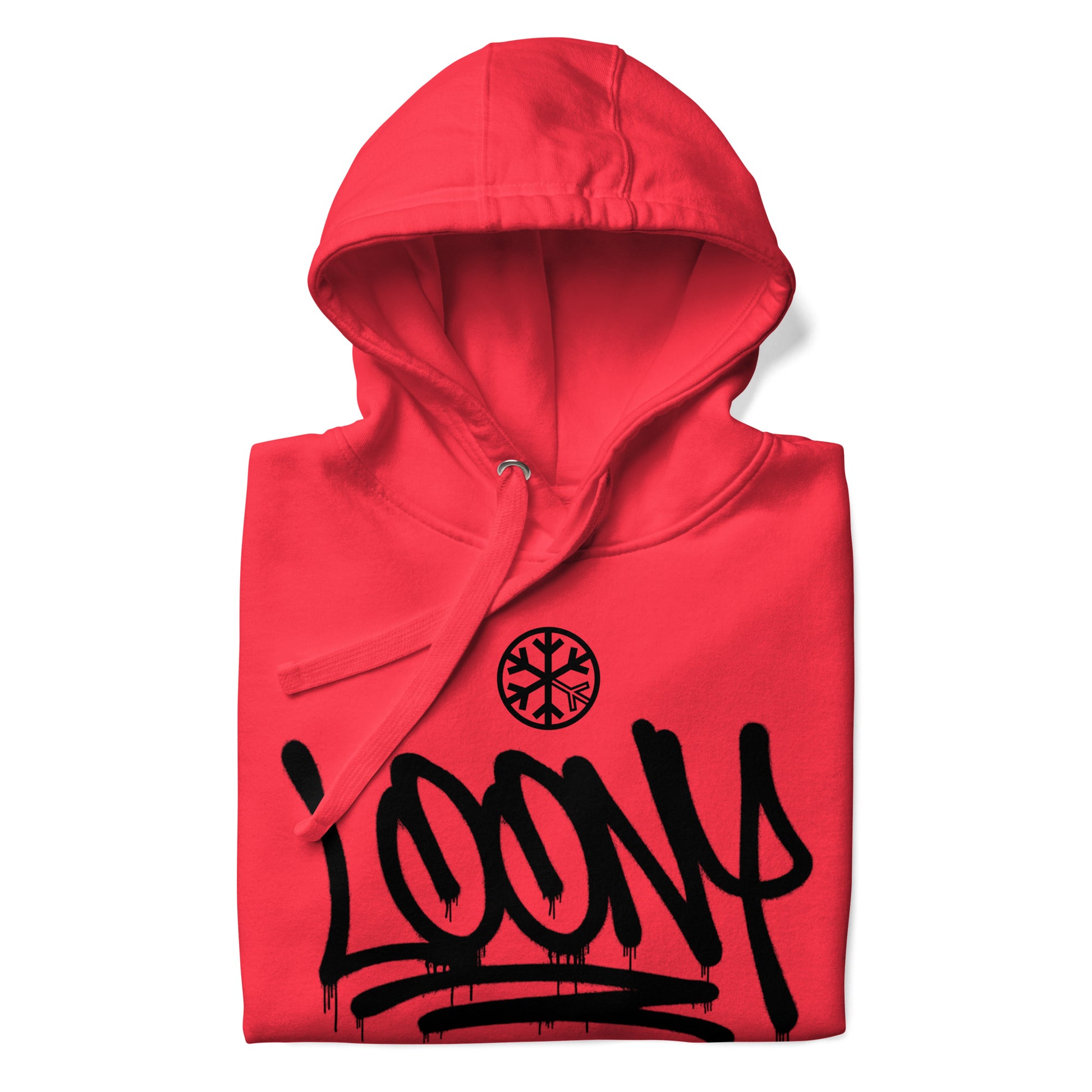 Red-Loony Graffiti Tag Hoodie from B.Different Clothing, folded, graffiti-inspired streetwear