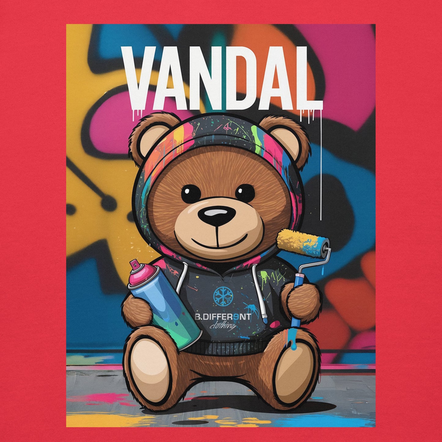 Red-Vandal Teddy Bear Graffiti Hoodie from B.Different Clothing, graphic, graffiti-inspired streetwear