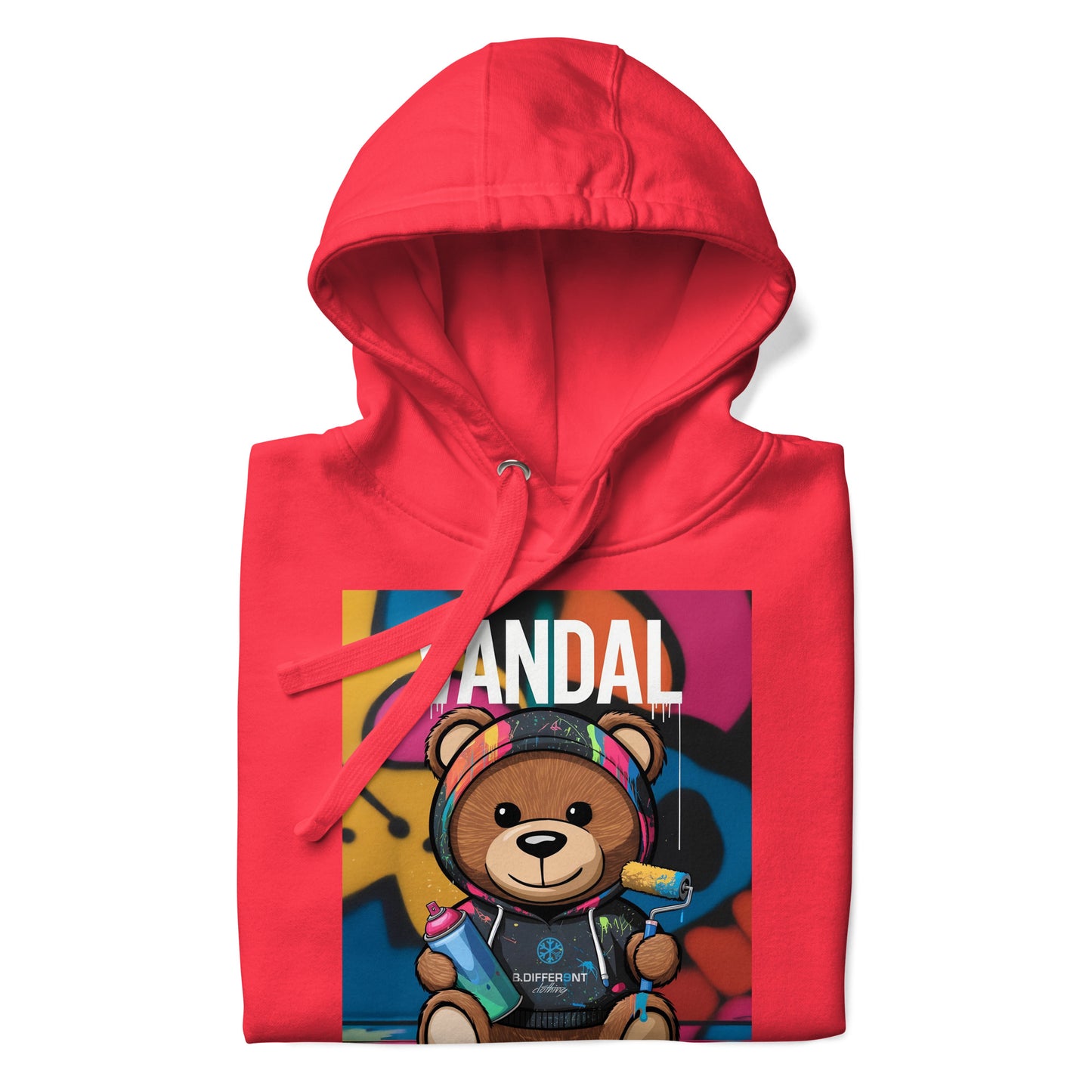 Red-Vandal Teddy Bear Graffiti Hoodie from B.Different Clothing, folded, graffiti-inspired streetwear