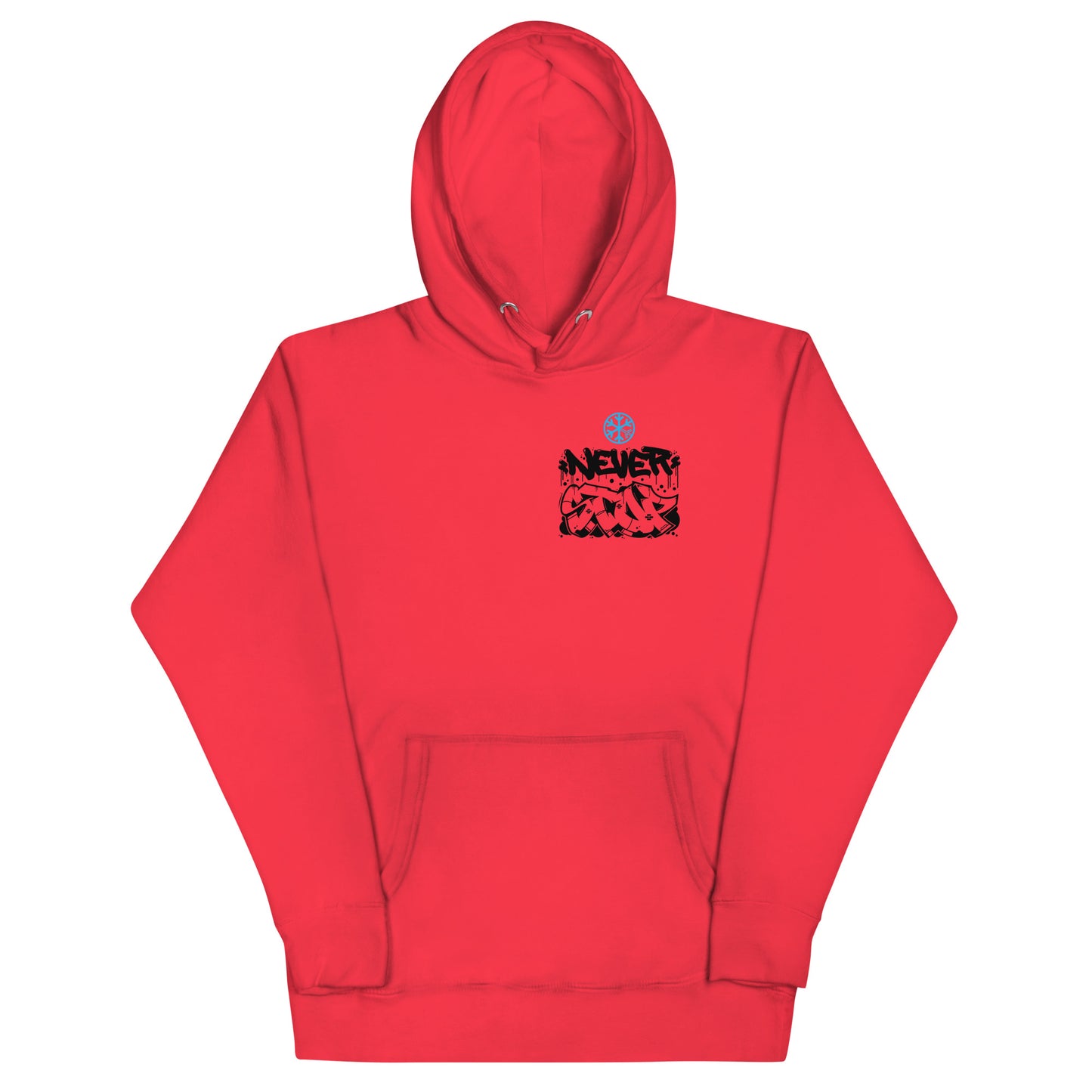 Red-Never Stop Graffiti Character Hoodie from B.Different Clothing, front view, graffiti-inspired streetwear