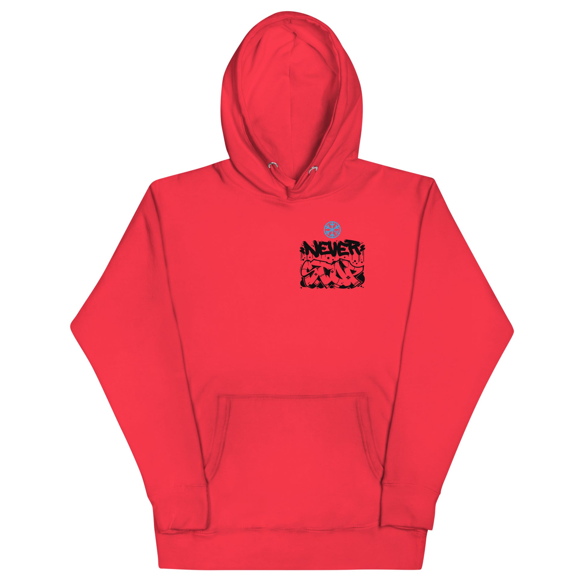 Red-Never Stop Graffiti Character Hoodie from B.Different Clothing, front view, graffiti-inspired streetwear