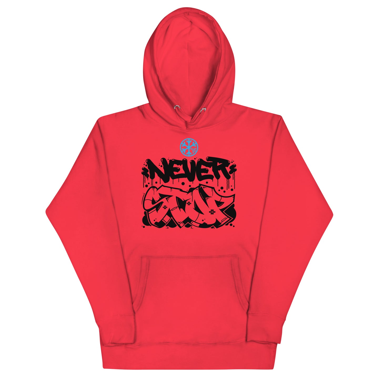 Red-Never Stop Graffiti Piece Hoodie from B.Different Clothing, front view, graffiti-inspired streetwear