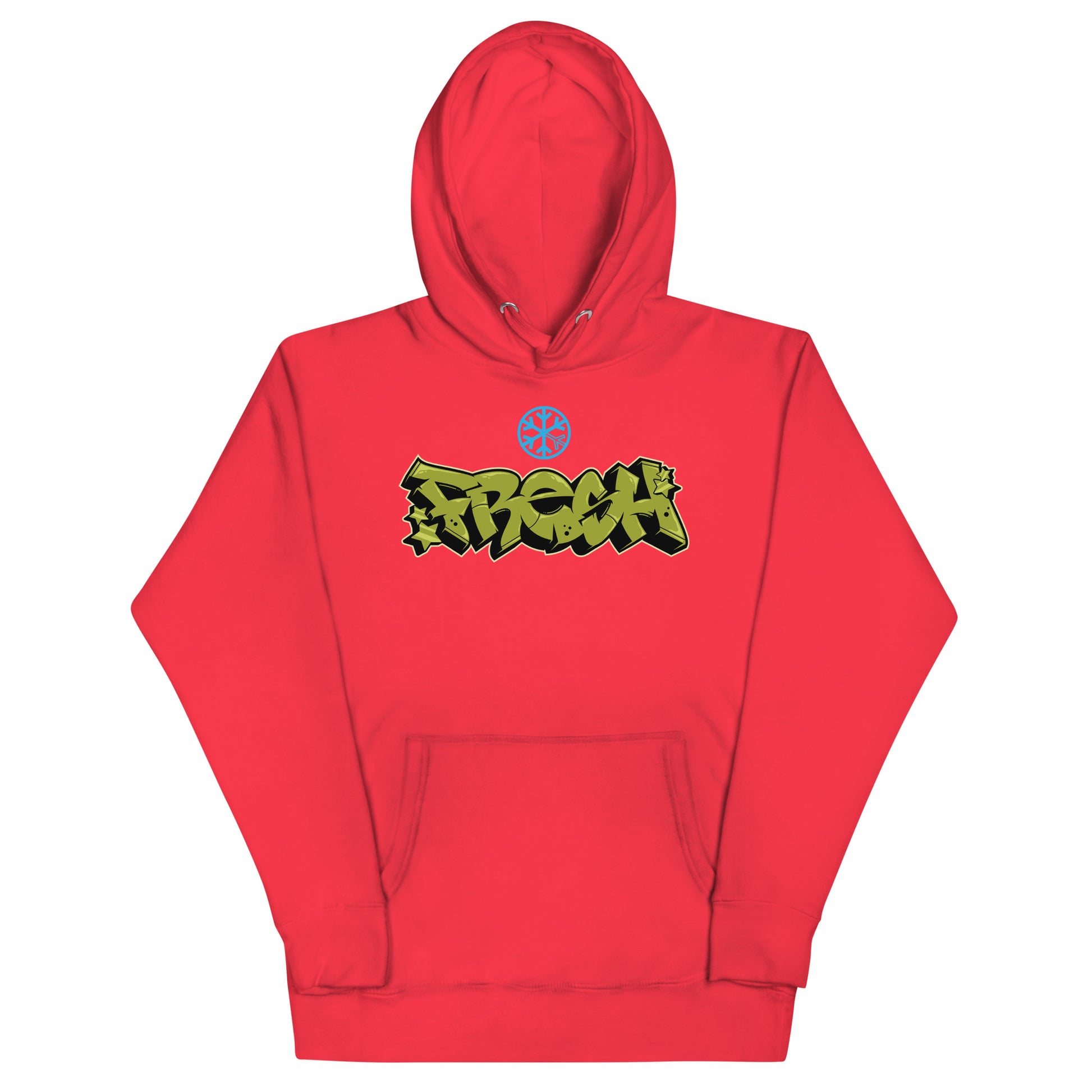 Red-Fresh Graffiti Piece Hoodie from B.Different Clothing, front view, graffiti-inspired streetwear
