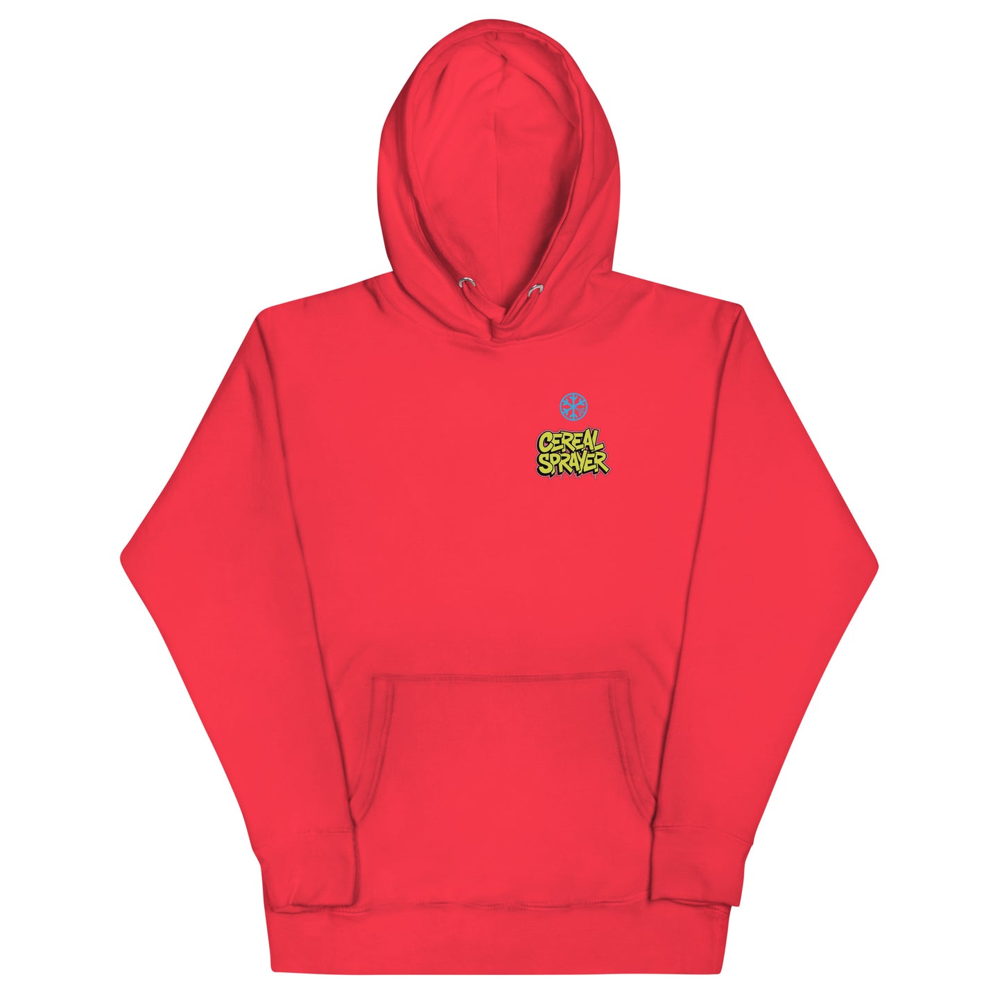 Red-Cereal Sprayer Graffiti Hoodie from B.Different Clothing, front view, graffiti-inspired streetwear