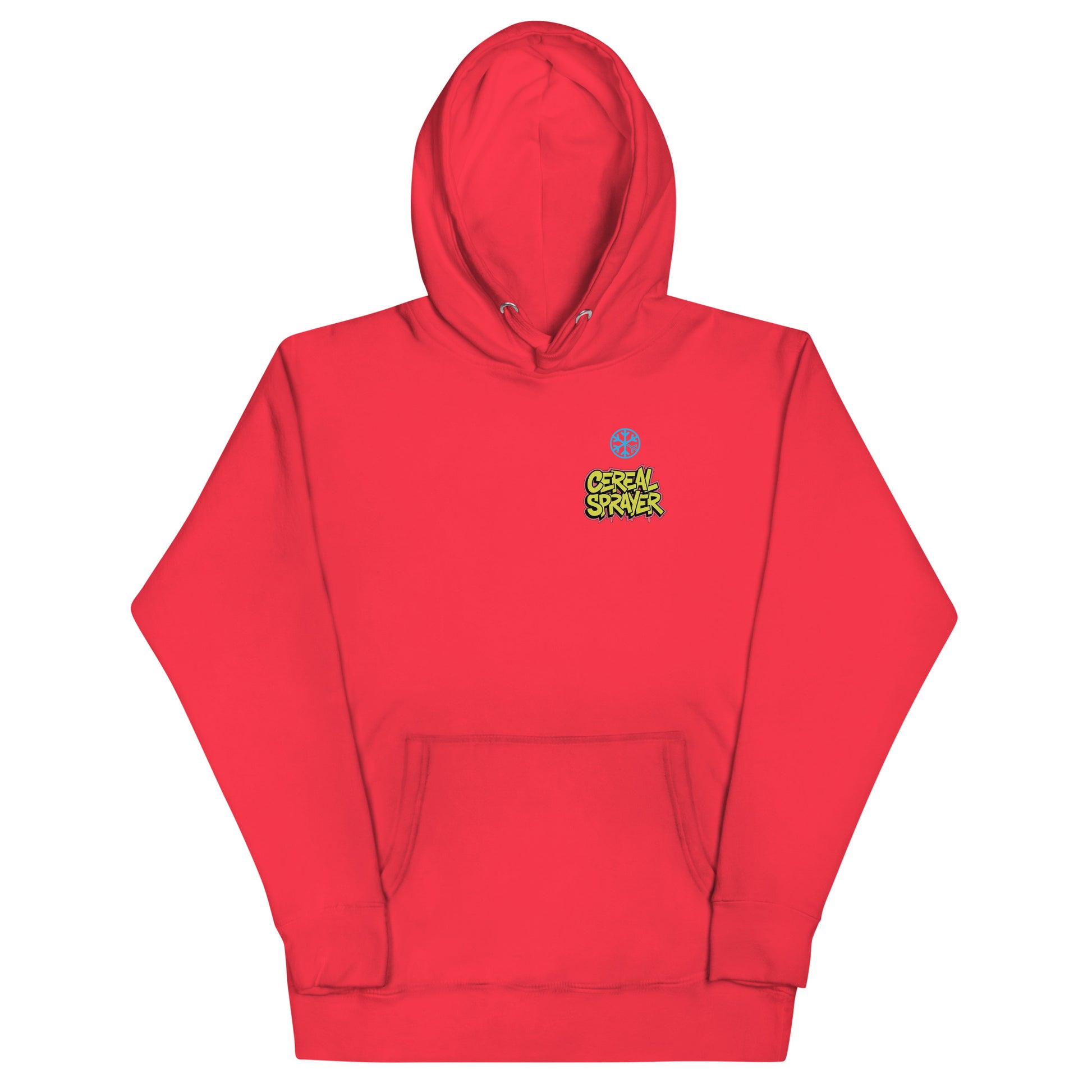 Red-Cereal Sprayer Graffiti Hoodie from B.Different Clothing, front view, graffiti-inspired streetwear