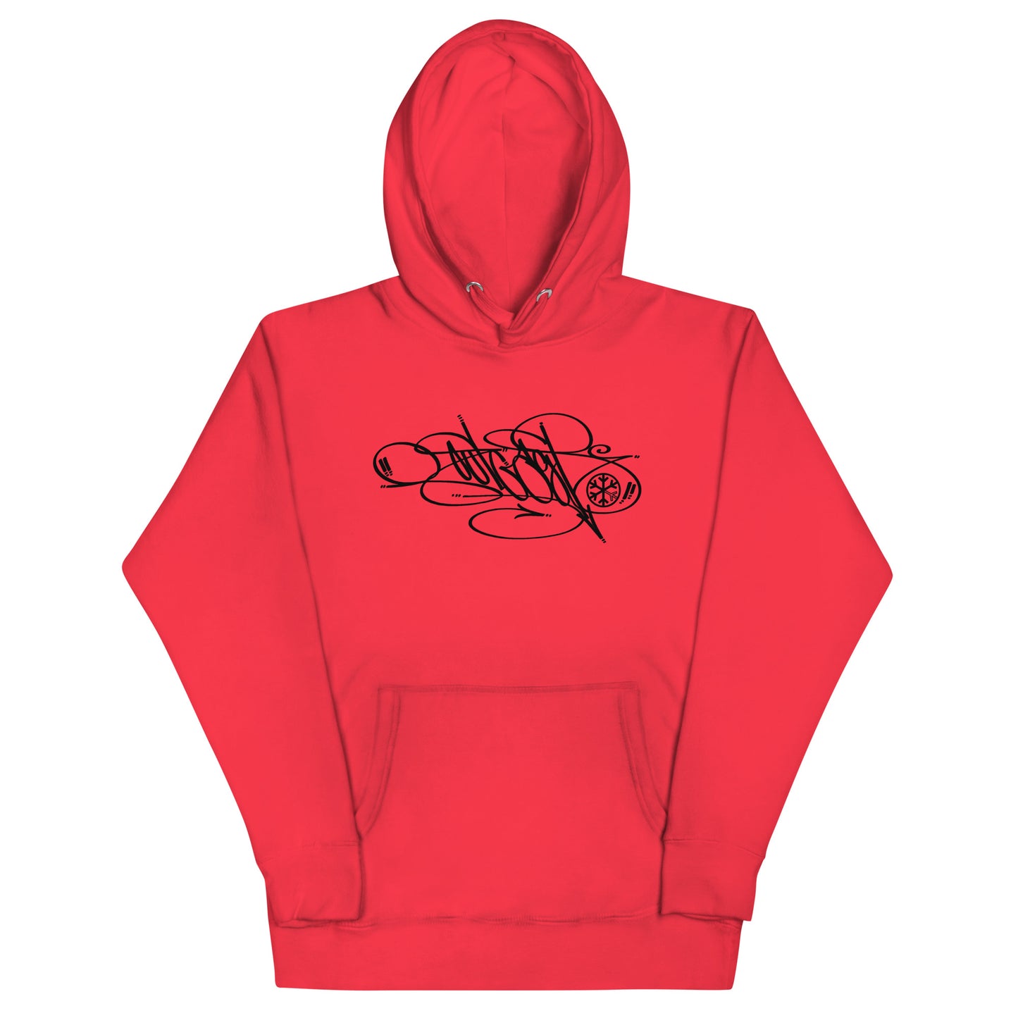 Red-Outcast Tag Hoodie by Graffiti Dad from B.Different Clothing, front view, graffiti-inspired streetwear