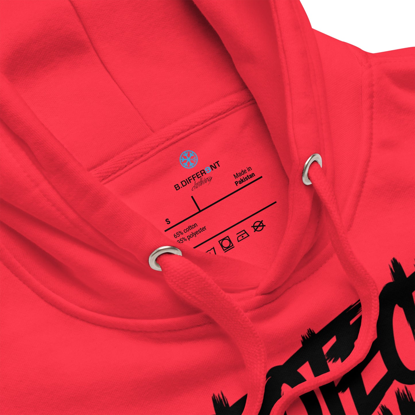 Red-Protect Your Vibe Graffiti Tag hoodie from B.Different Clothing, collar, graffiti-inspired streetwear