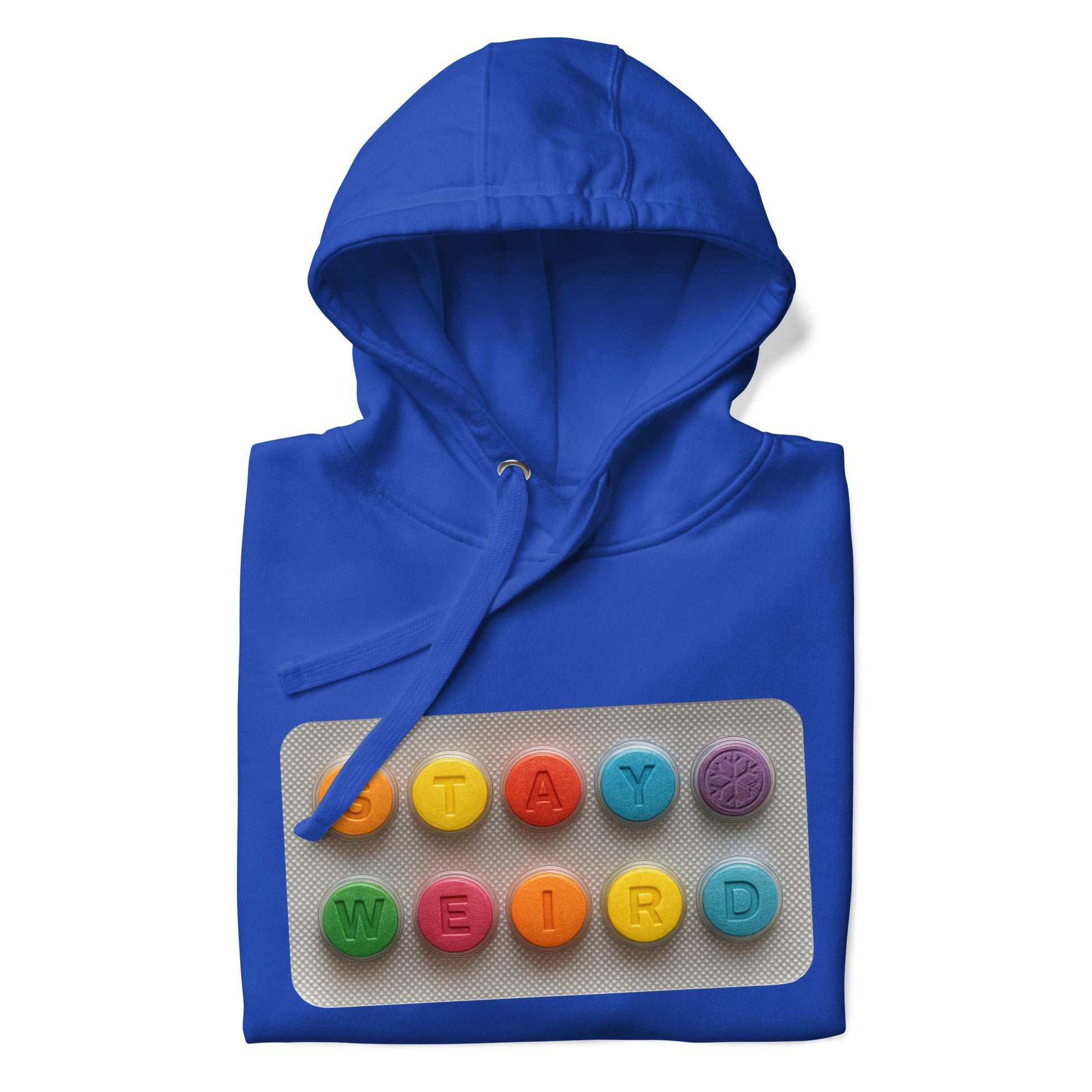 Blue-Stay Weird Pills Hoodie from B.Different Clothing, folded, graffiti-inspired streetwear