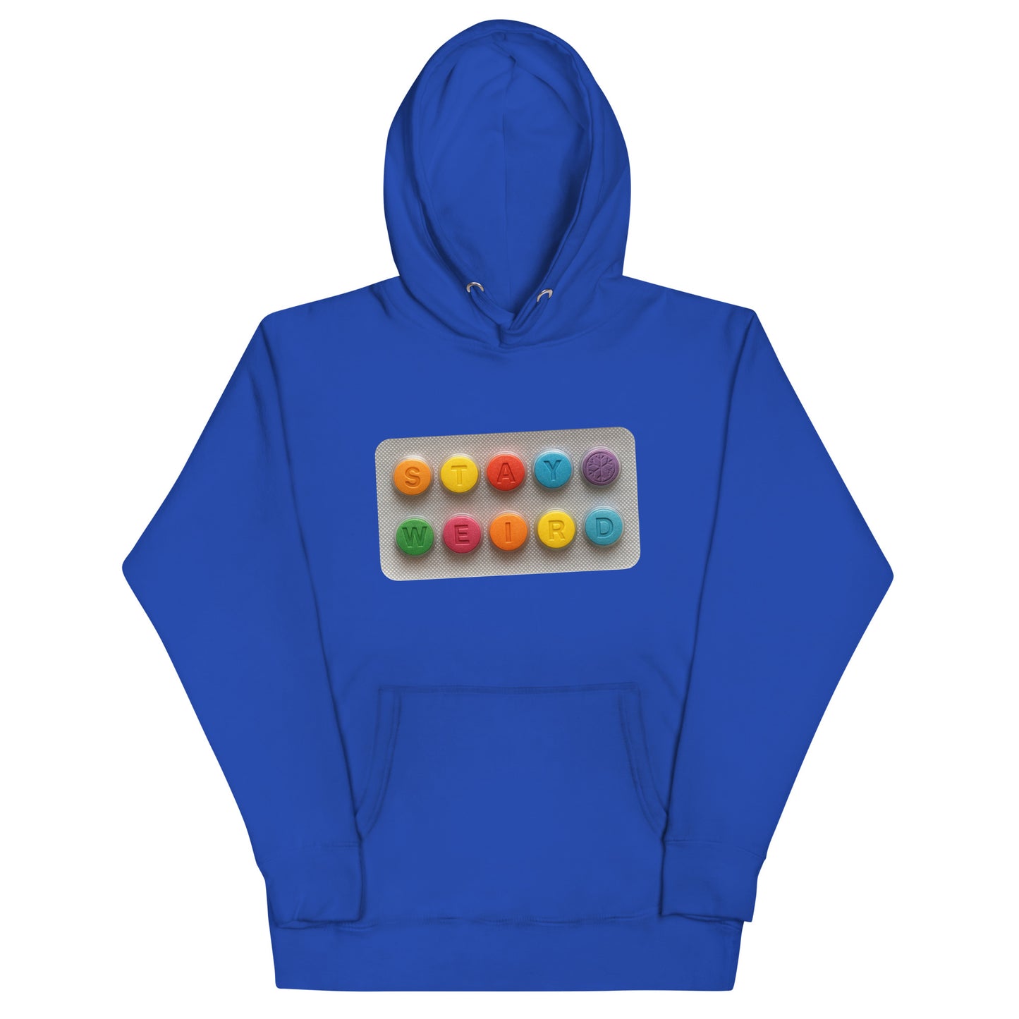 Blue-Stay Weird Pills Hoodie from B.Different Clothing, front view, graffiti-inspired streetwear