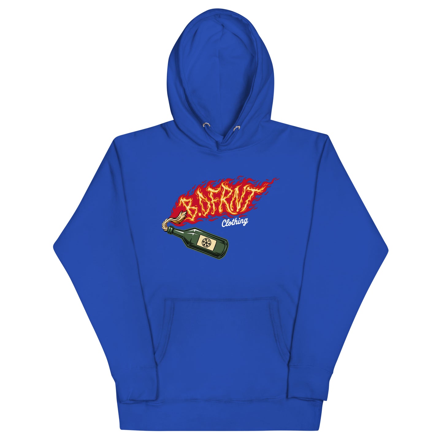 Blue-Molotov Graffiti Hoodie from B.Different Clothing, front view, graffiti-inspired streetwear