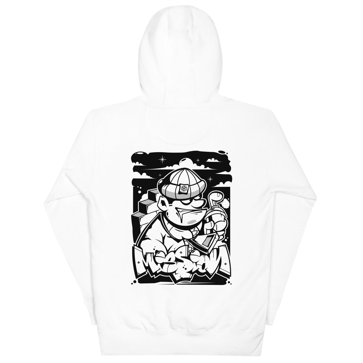 White-Mission Graffiti Character Hoodie from B.Different Clothing, back view, graffiti-inspired streetwear