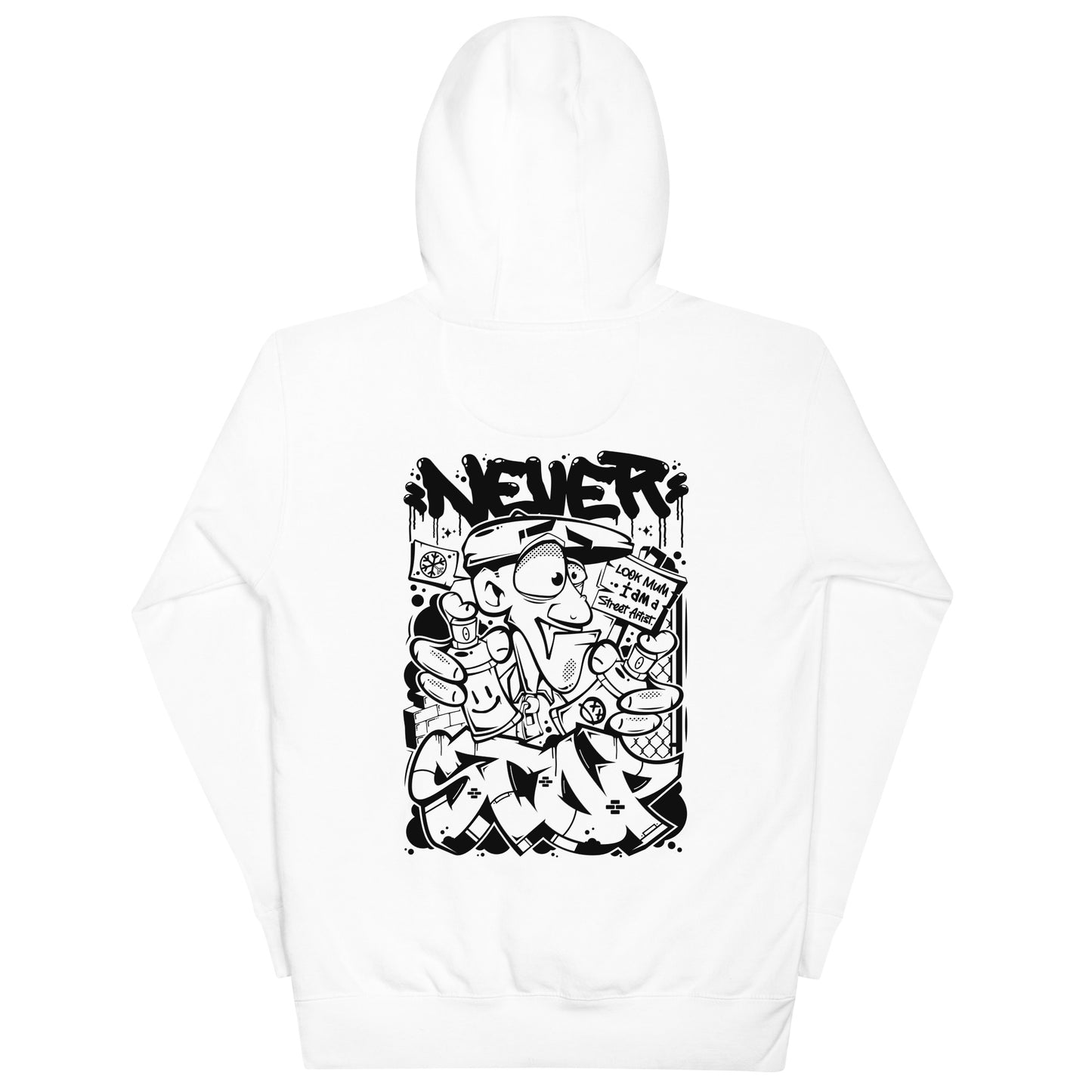 White-Never Stop Graffiti Character Hoodie from B.Different Clothing, back view, graffiti-inspired streetwear