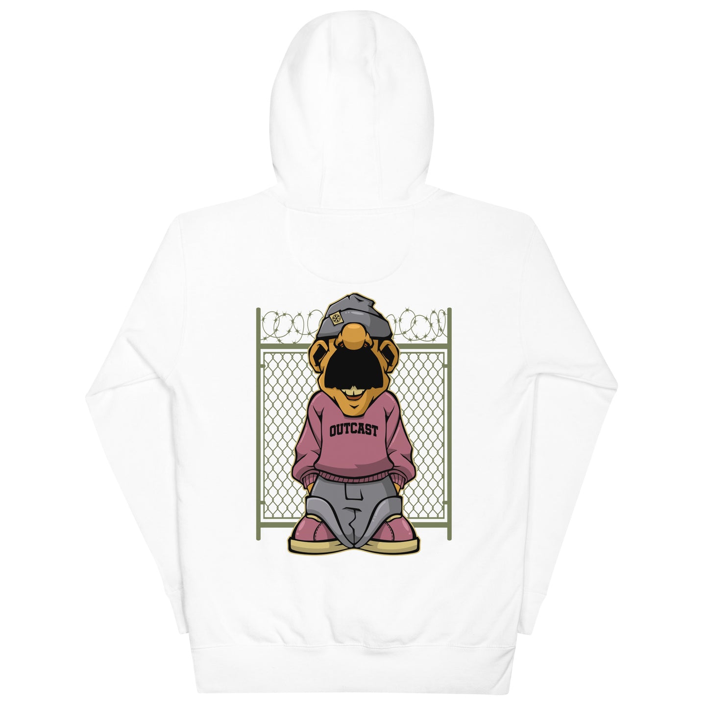 White-Outcast Graffiti Character Hoodie from B.Different Clothing, back view, graffiti-inspired streetwear