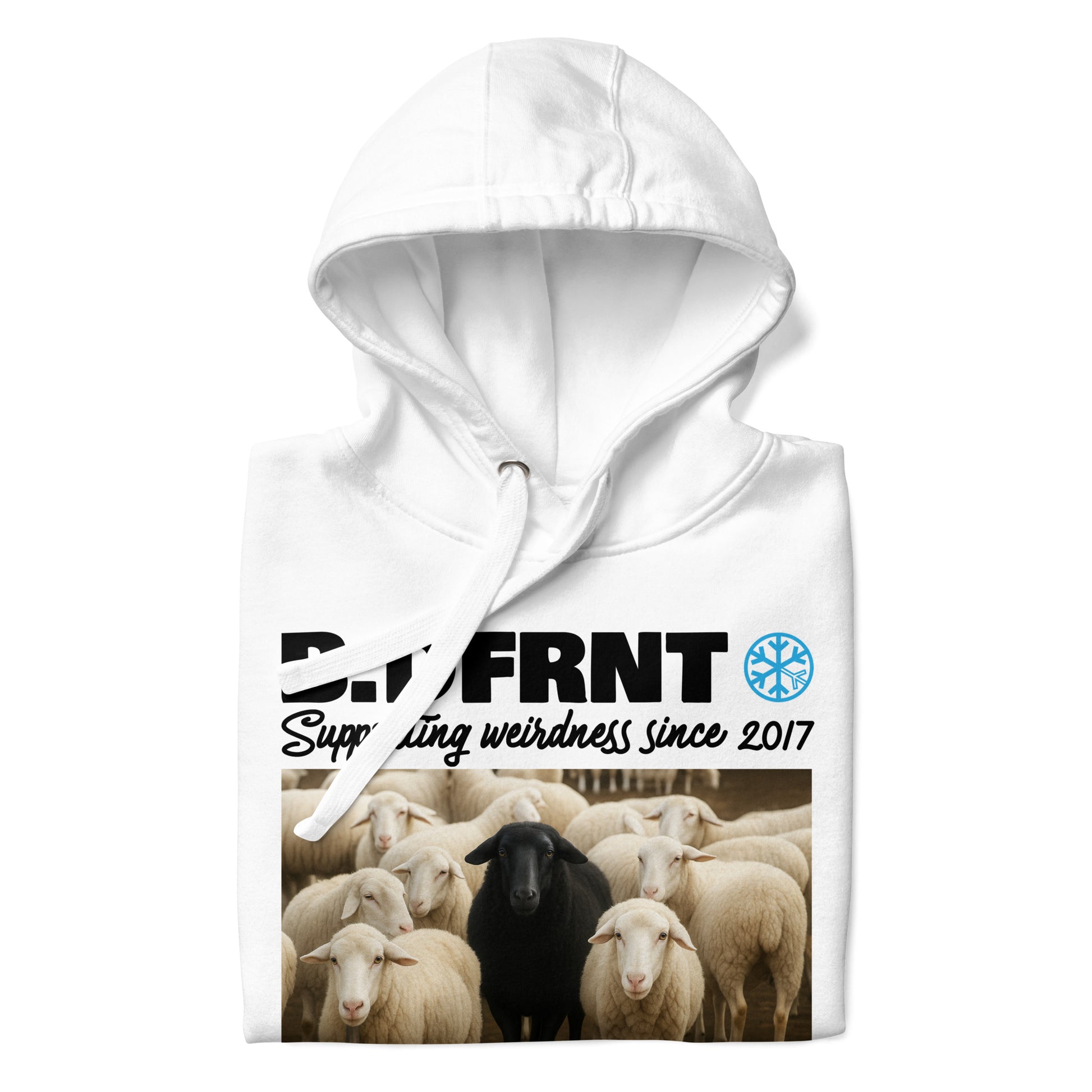 White-Black Sheep Hoodie from B.Different Clothing, folded, graffiti-inspired streetwear