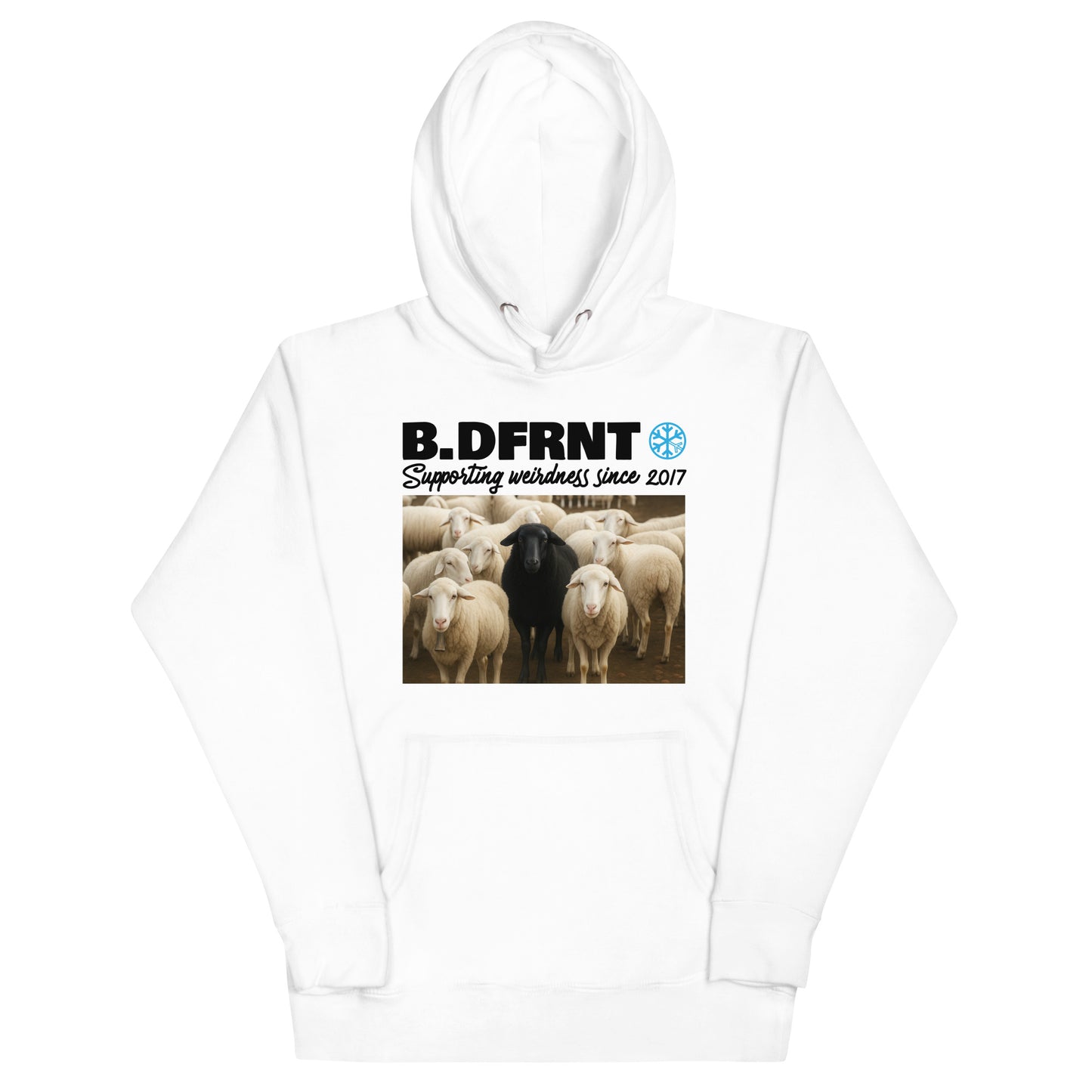 White-Black Sheep Hoodie from B.Different Clothing, front view, graffiti-inspired streetwear