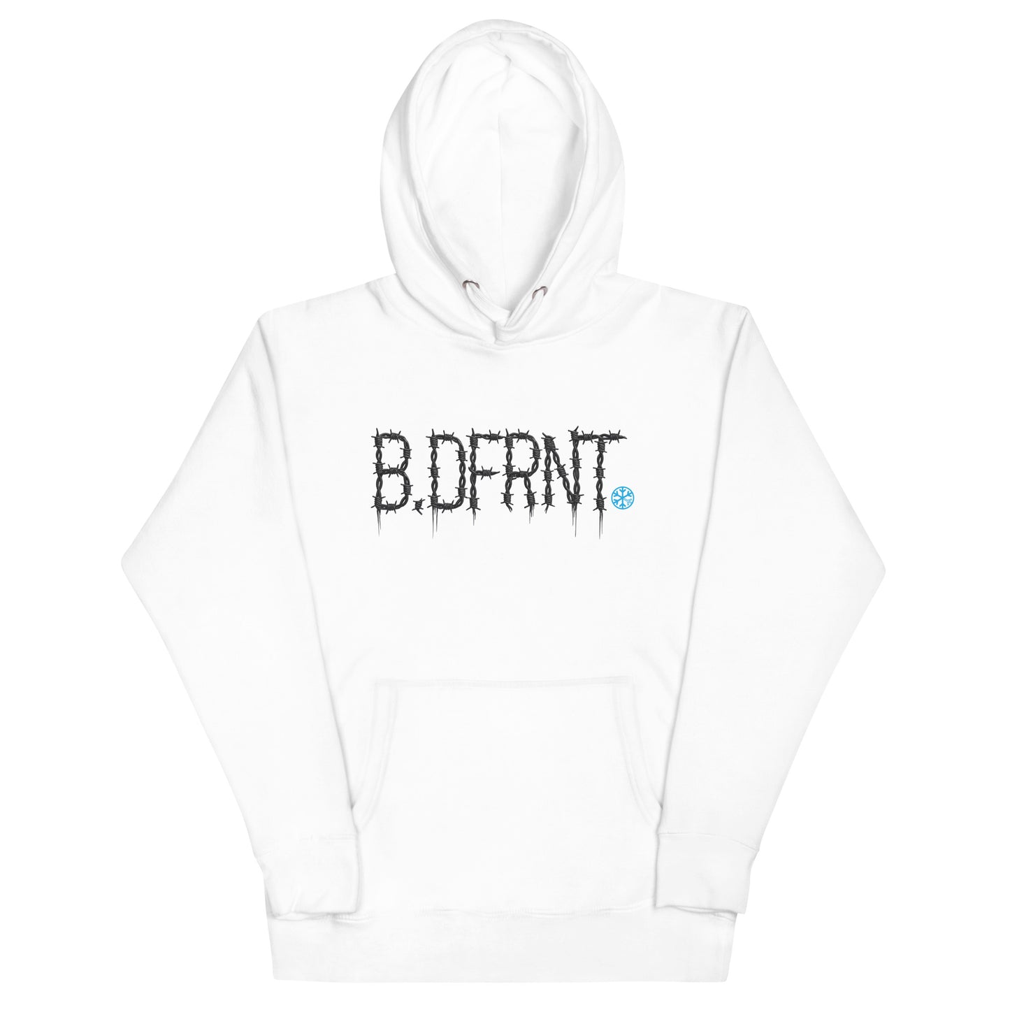 White-B.DFRNT Barbed Wire Hoodie from B.Different Clothing, front view, graffiti-inspired streetwear