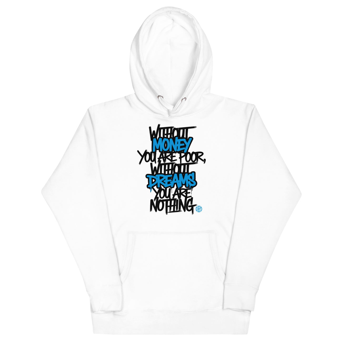 White-Without Dreams You Are Nothing Graffiti Hoodie from B.Different Clothing, front view, graffiti-inspired streetwear