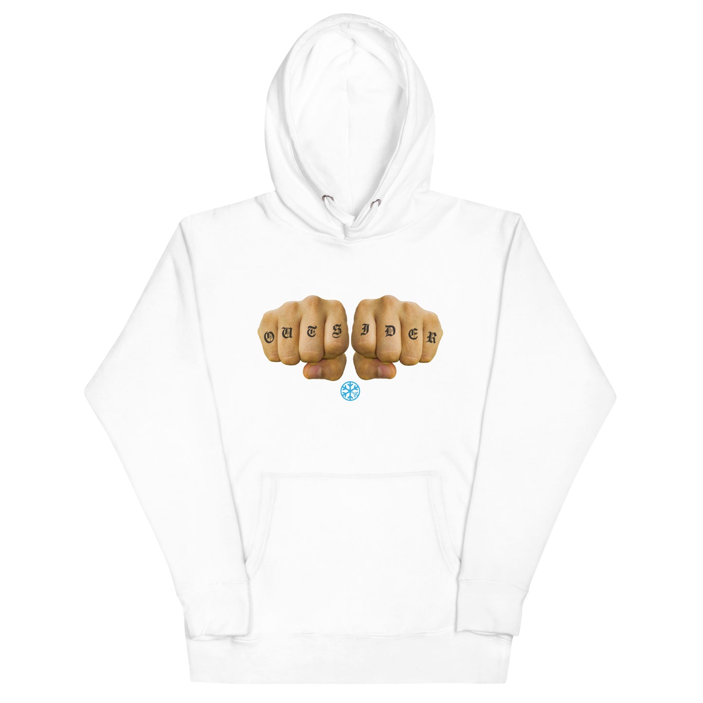 White-Outsider Tattoo Hoodie from B.Different Clothing, front view, graffiti-inspired streetwear