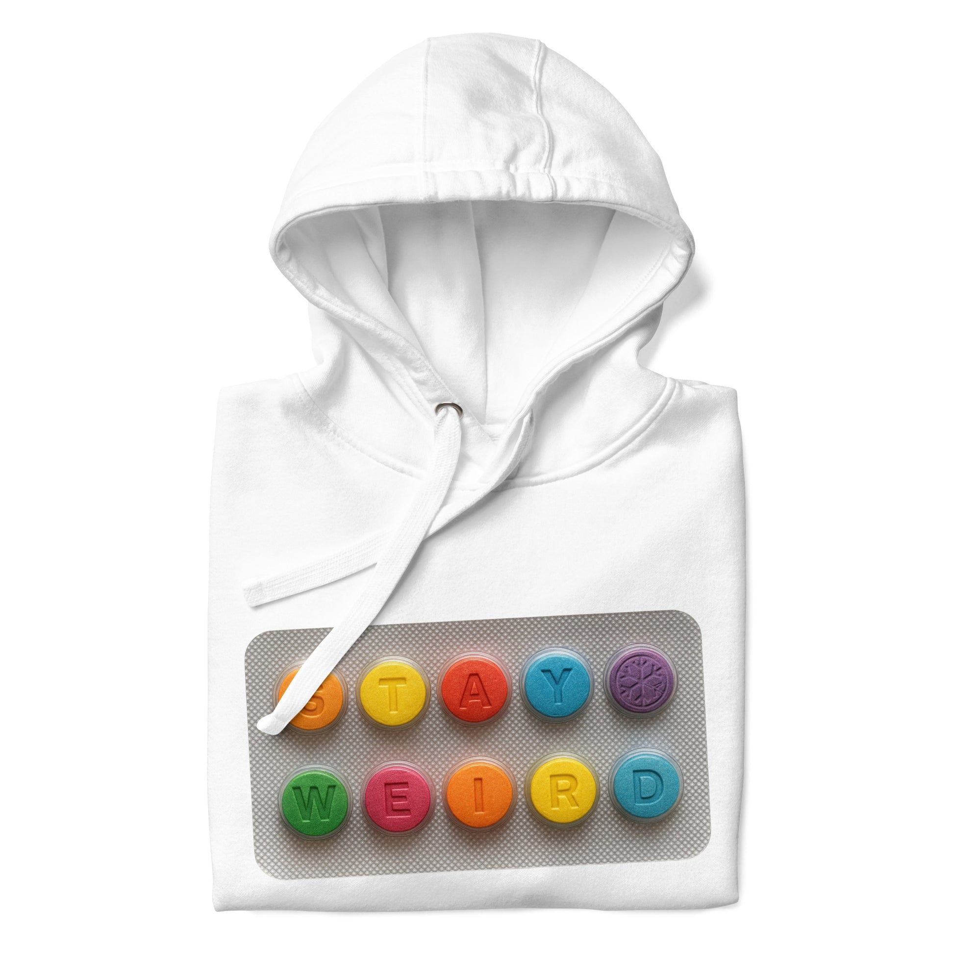 White-Stay Weird Pills Hoodie from B.Different Clothing, folded, graffiti-inspired streetwear