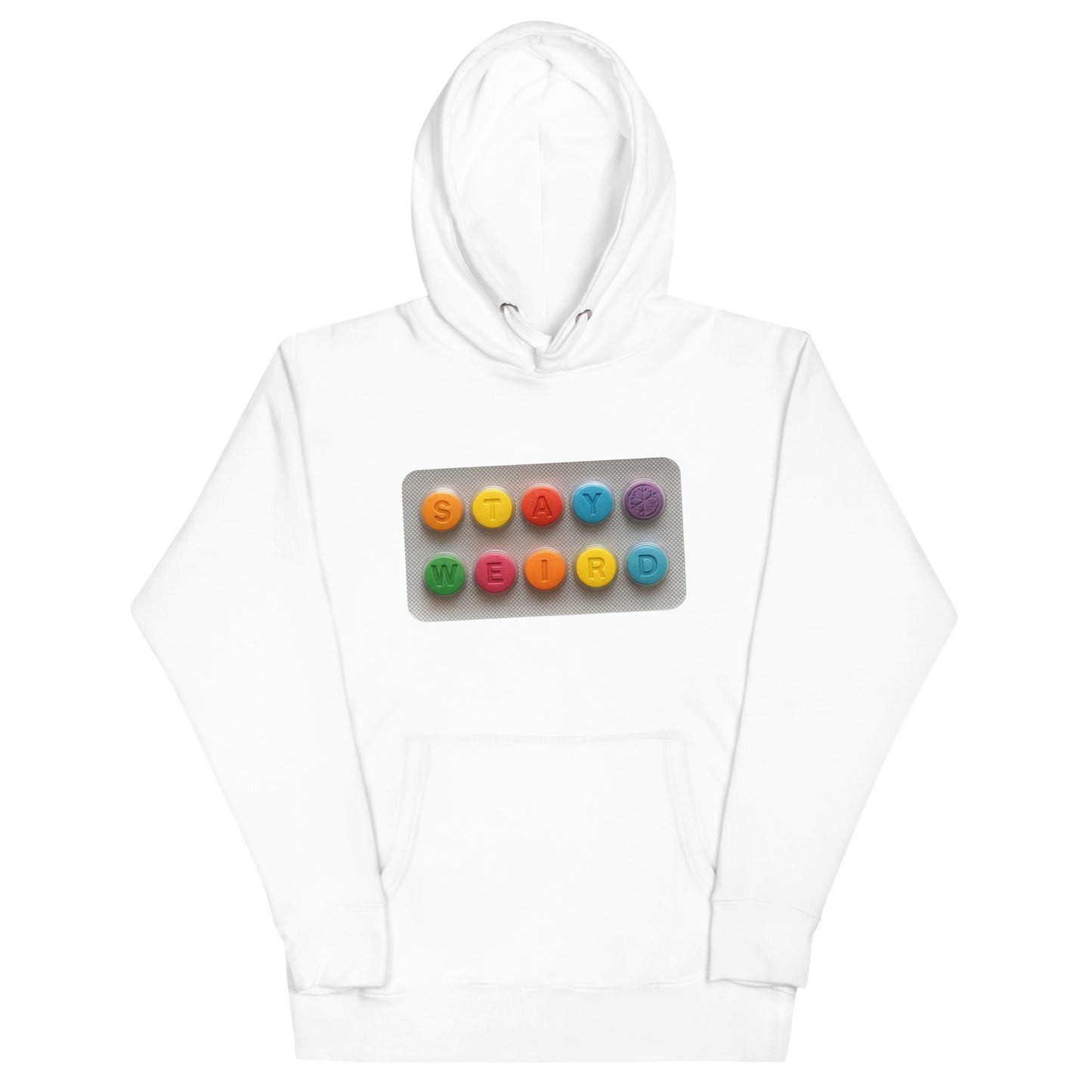 White-Stay Weird Pills Hoodie from B.Different Clothing, front view, graffiti-inspired streetwear