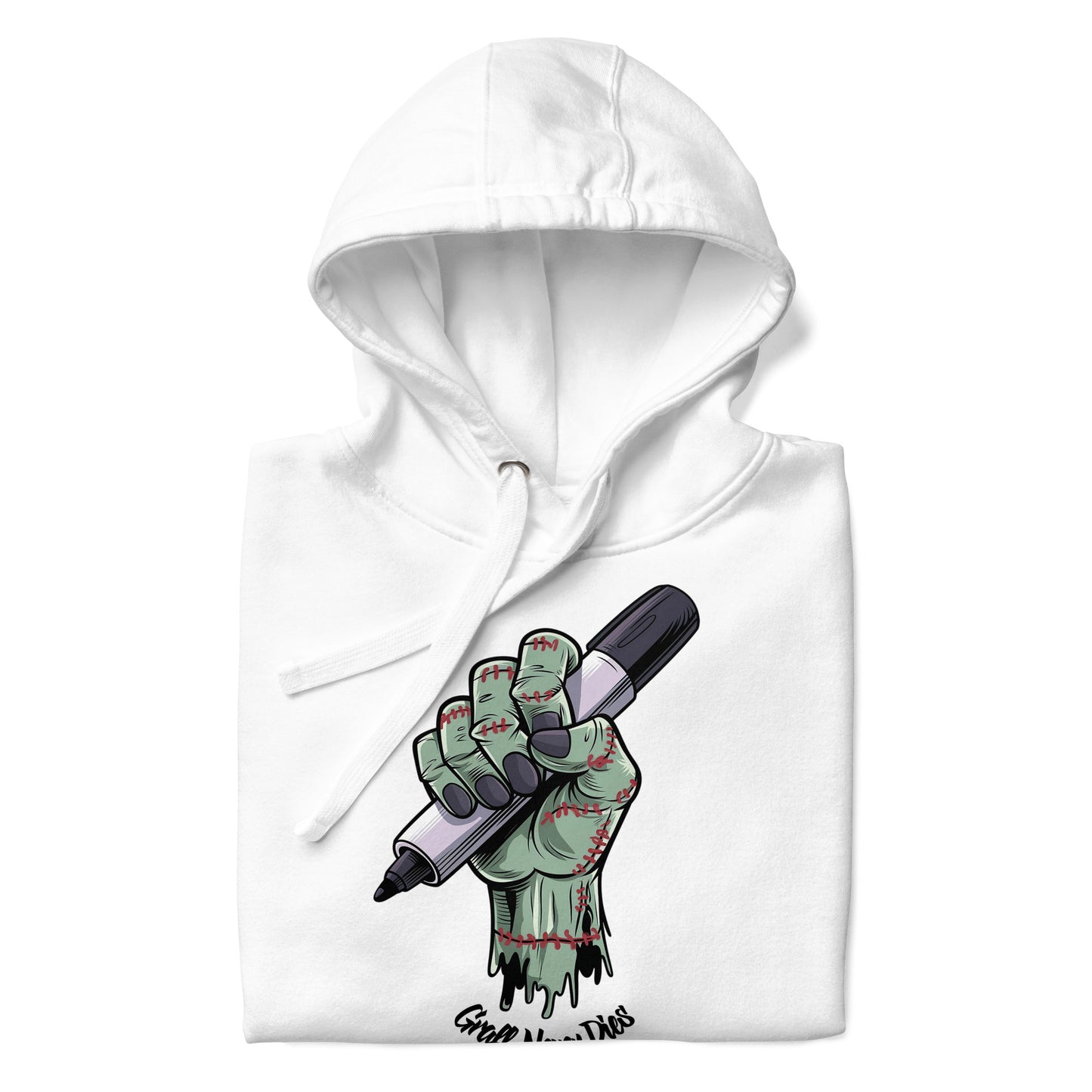 White-Thing Graffiti Hoodie from B.Different Clothing, folded, graffiti-inspired streetwear
