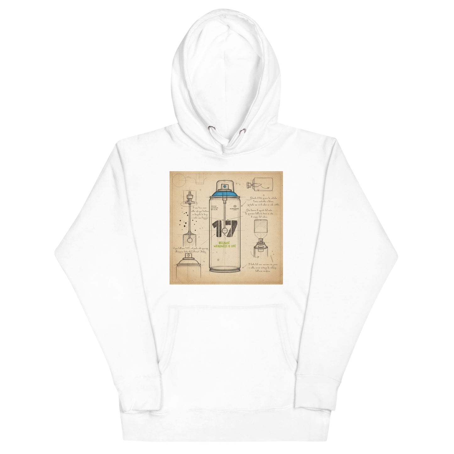 White-Spray Can Sketch Graffiti Hoodie from B.Different Clothing, front view, graffiti-inspired streetwear