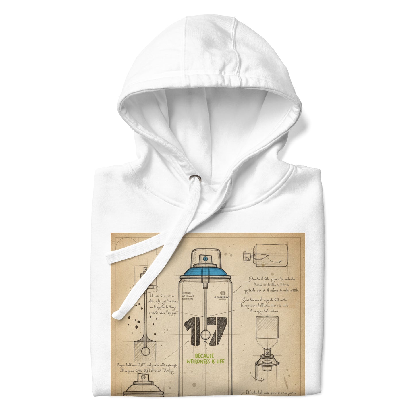 White-Spray Can Sketch Graffiti Hoodie from B.Different Clothing, folded, graffiti-inspired streetwear