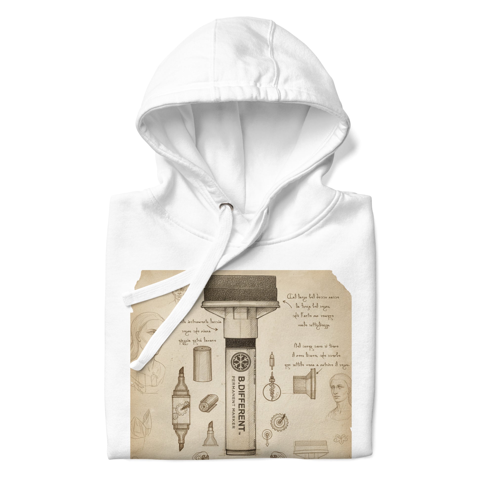 White-Marker Sketch Graffiti Hoodie from B.Different Clothing, folded, graffiti-inspired streetwear