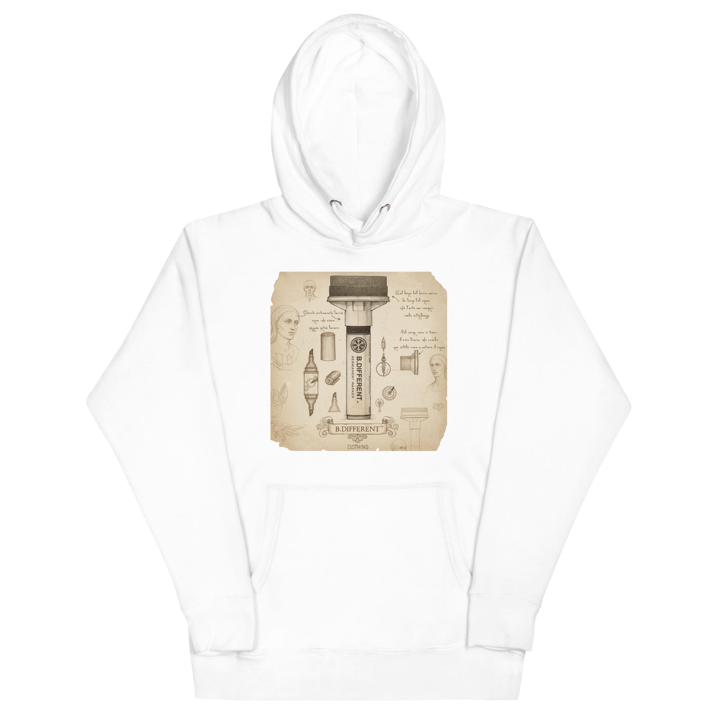 White-Marker Sketch Graffiti Hoodie from B.Different Clothing, front view, graffiti-inspired streetwear