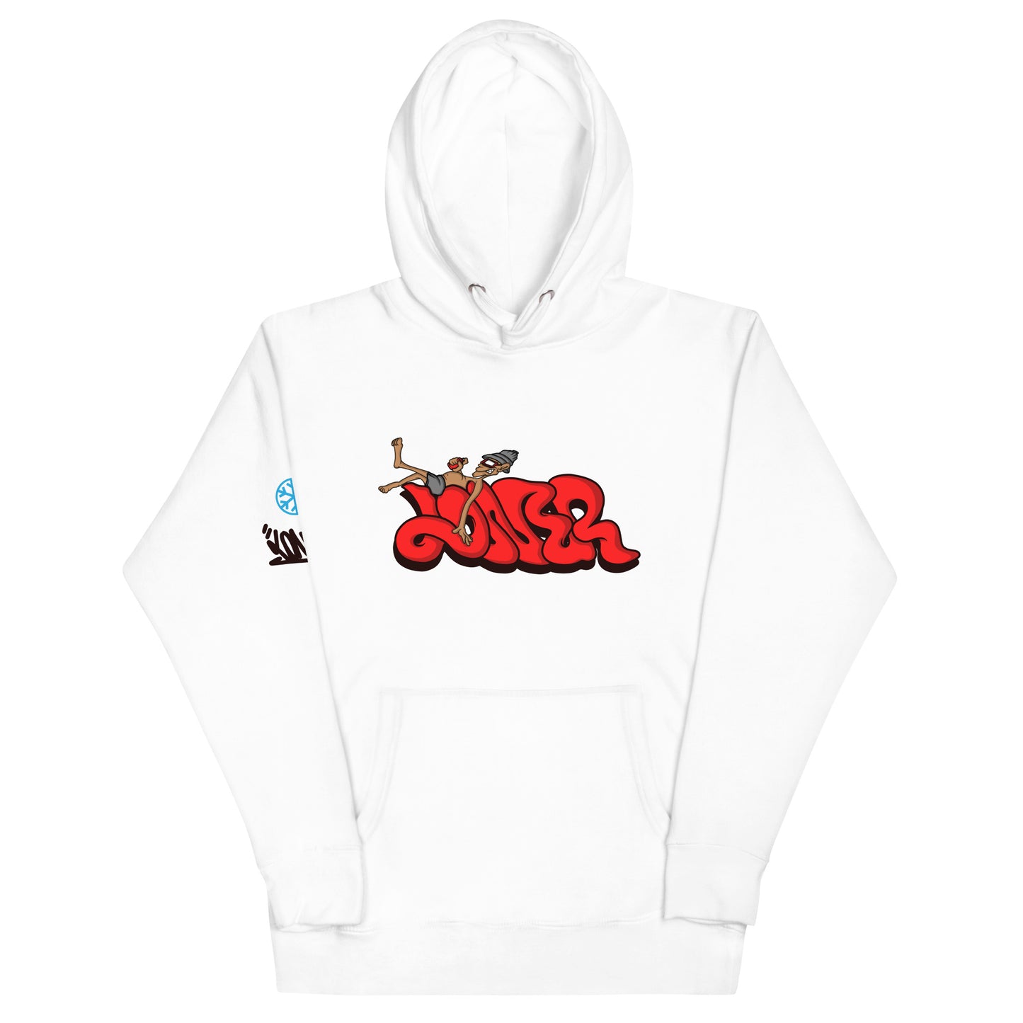White-Loner Graffiti Piece Hoodie from B.Different Clothing, front view, graffiti-inspired streetwear