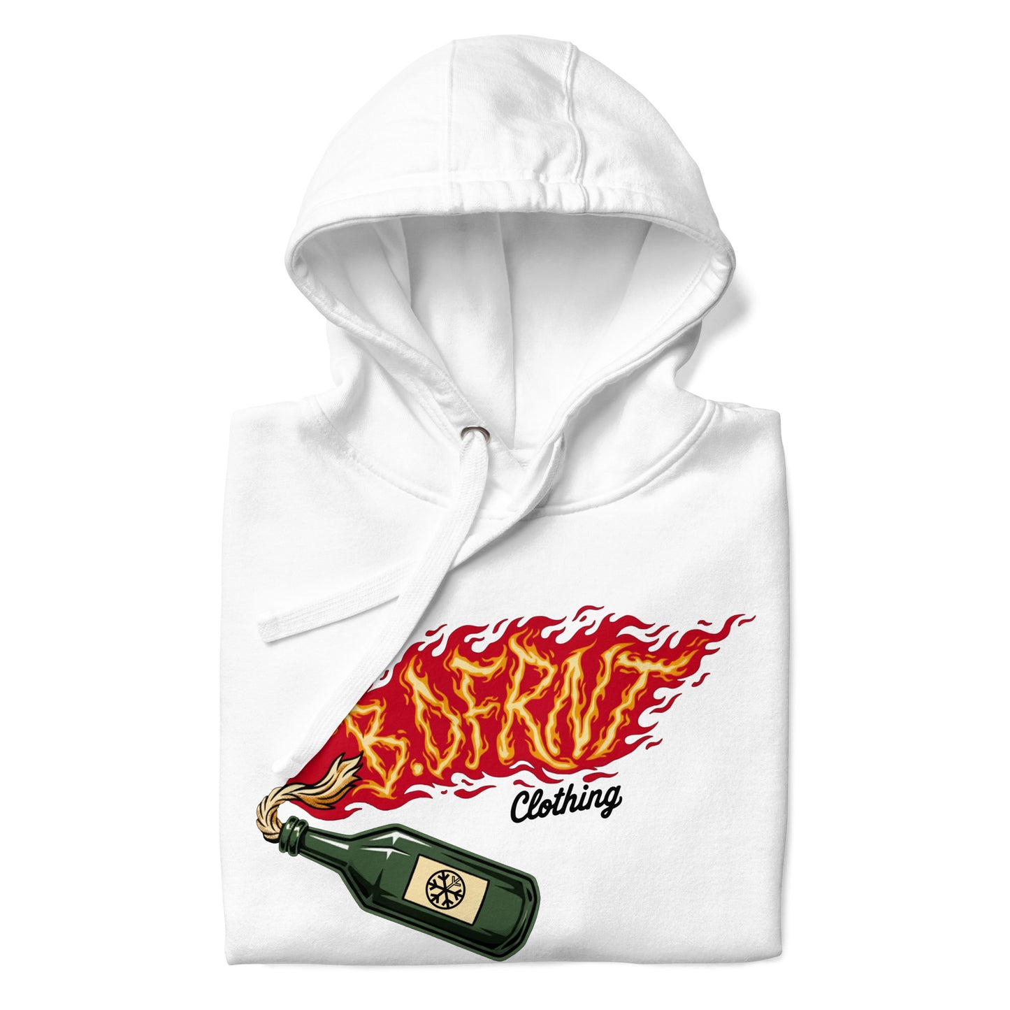 White-Molotov Graffiti Hoodie from B.Different Clothing, folded, graffiti-inspired streetwear