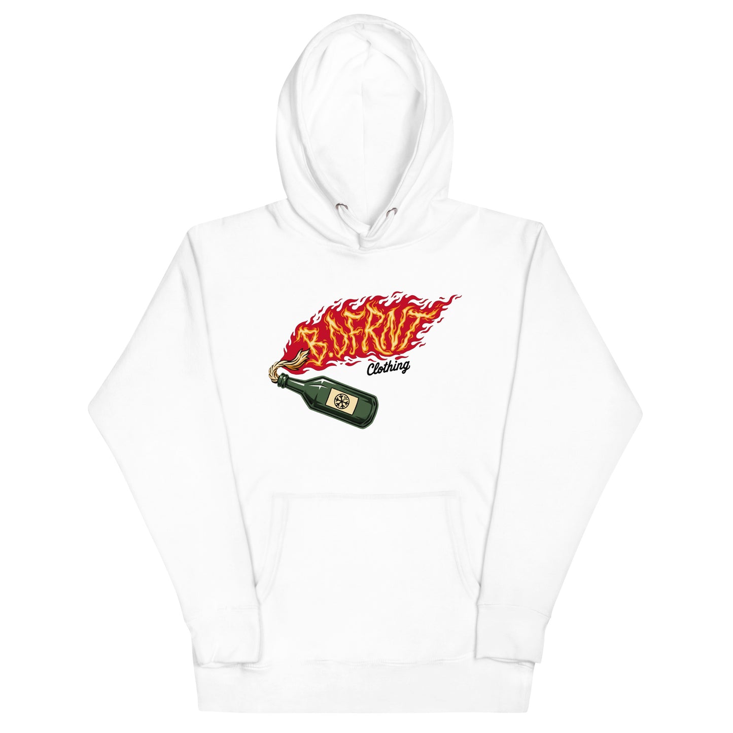 White-Molotov Graffiti Hoodie from B.Different Clothing, front view, graffiti-inspired streetwear