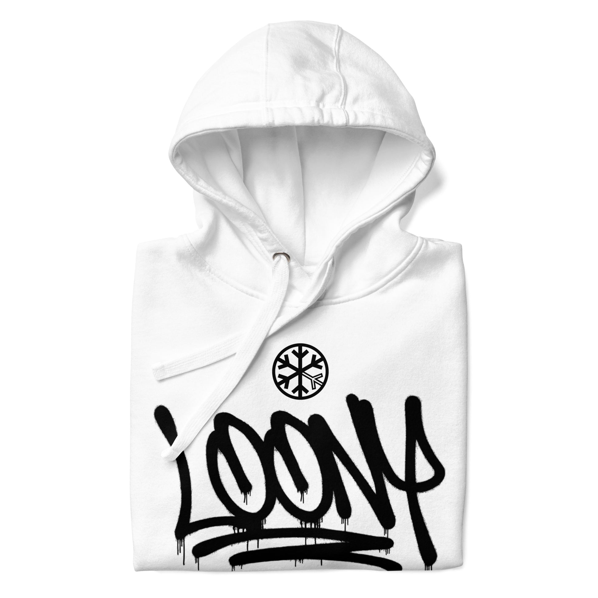 White-Loony Graffiti Tag Hoodie from B.Different Clothing, folded, graffiti-inspired streetwear