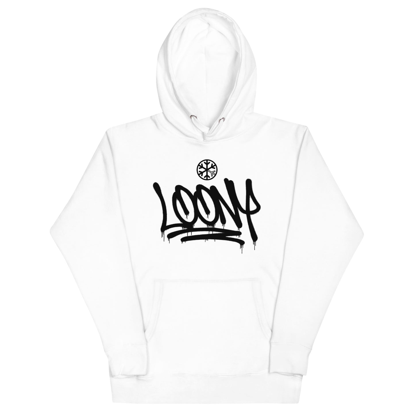 White-Loony Graffiti Tag Hoodie from B.Different Clothing, front view, graffiti-inspired streetwear