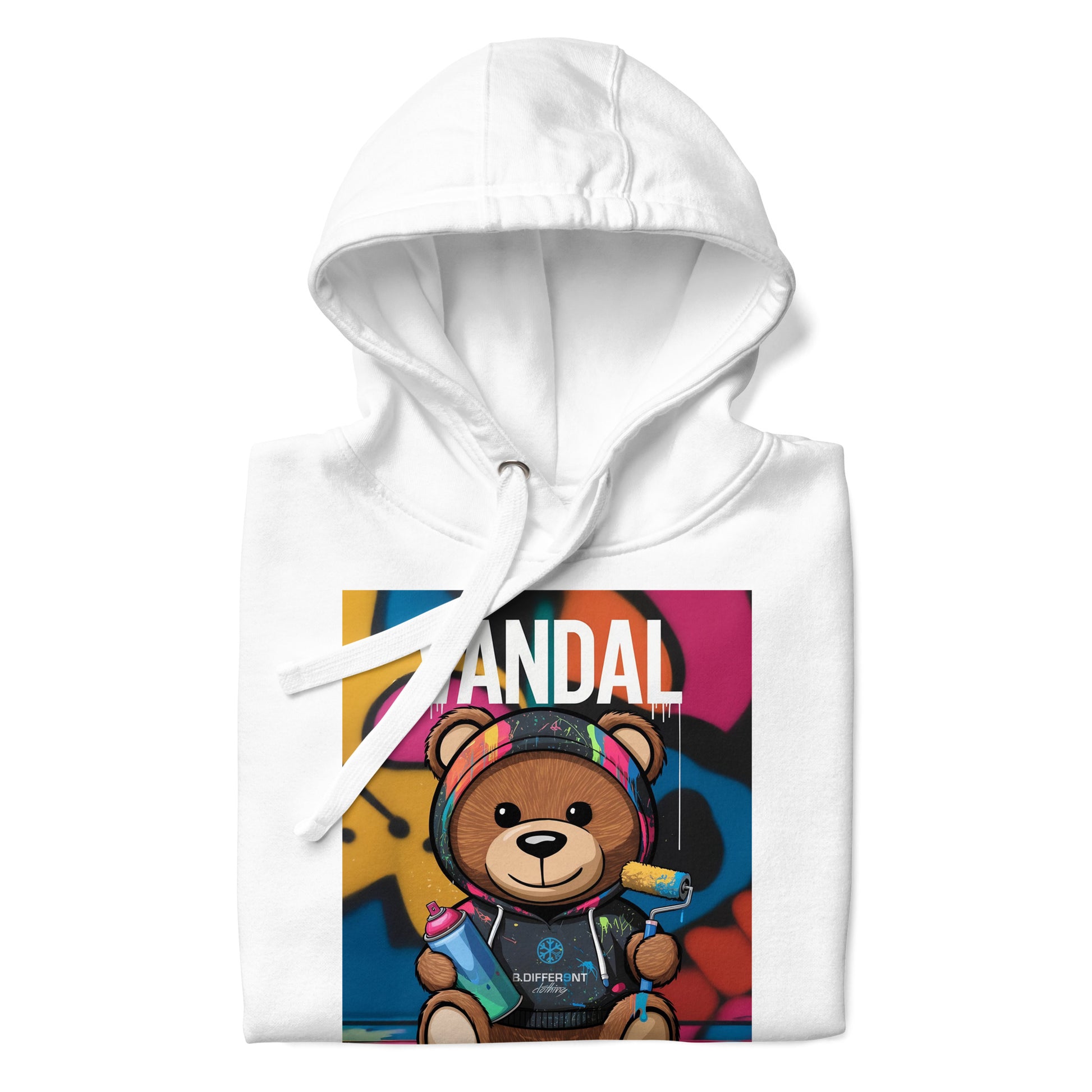 White-Vandal Teddy Bear Graffiti Hoodie from B.Different Clothing, folded, graffiti-inspired streetwear
