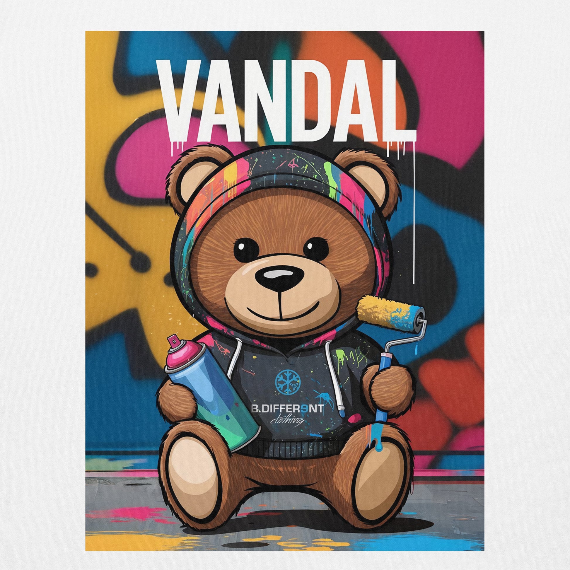 White-Vandal Teddy Bear Graffiti Hoodie from B.Different Clothing, graphic, graffiti-inspired streetwear