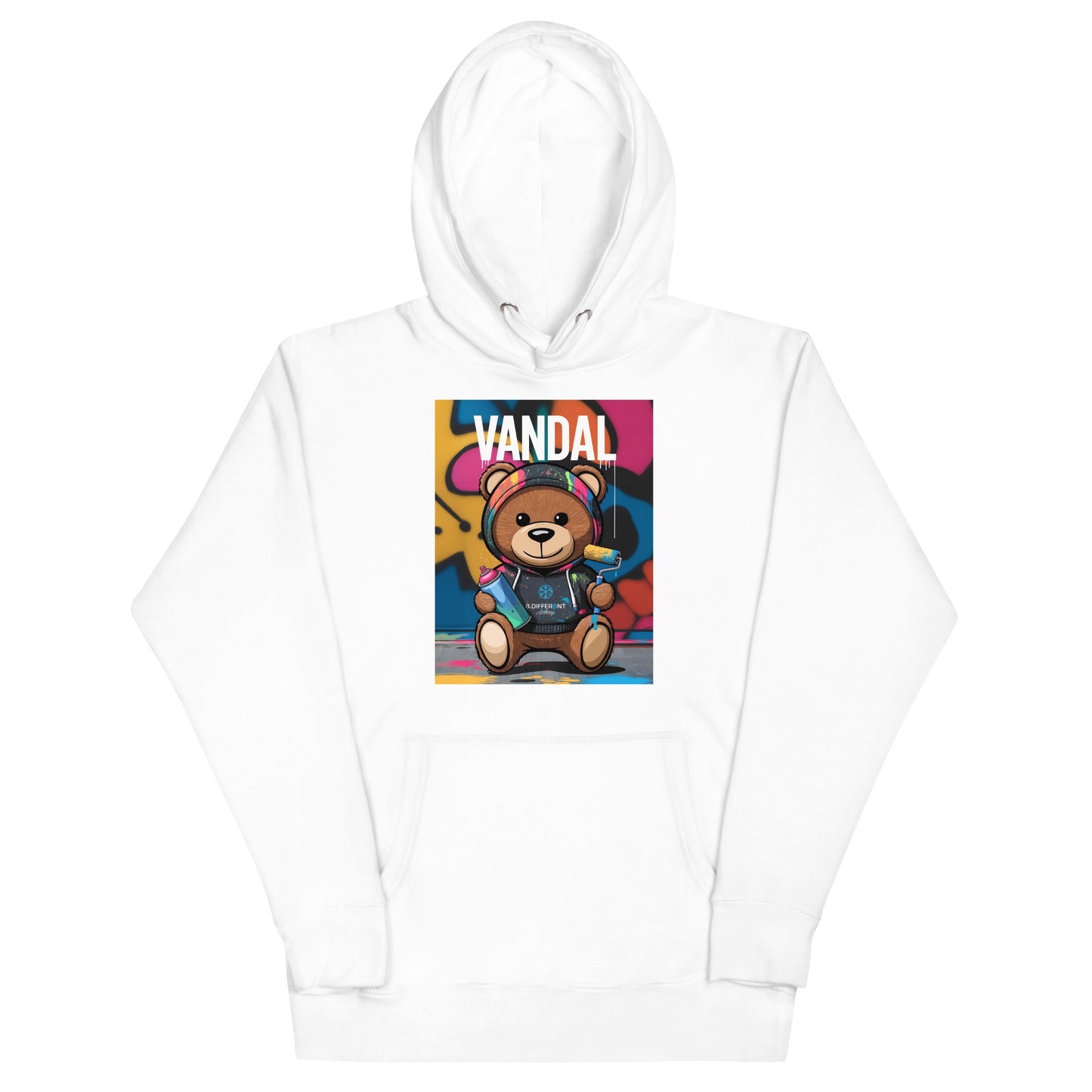 White-Vandal Teddy Bear Graffiti Hoodie from B.Different Clothing, front view, graffiti-inspired streetwear