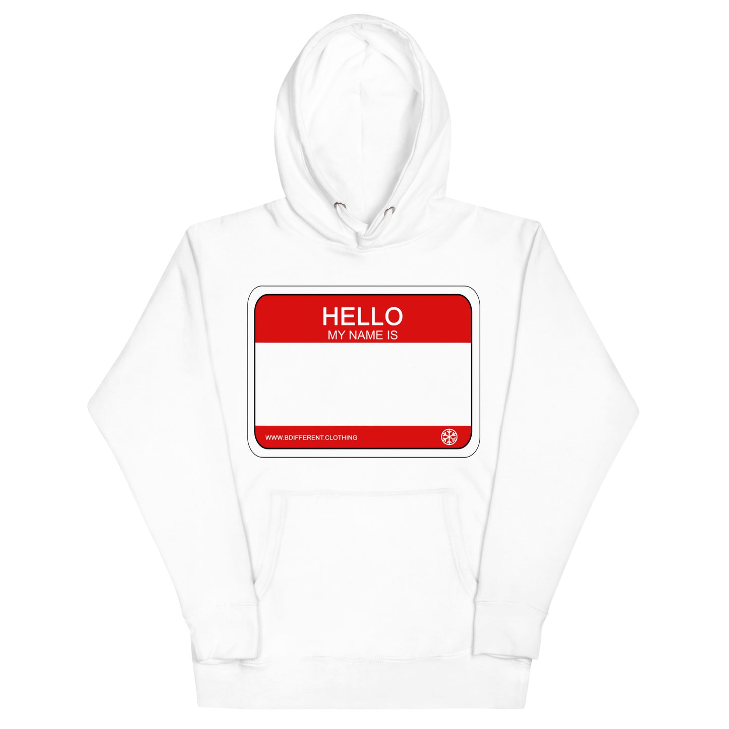 White-Hello My Name Is Sticker Graffiti Hoodie from B.Different Clothing, front view, graffiti-inspired streetwear