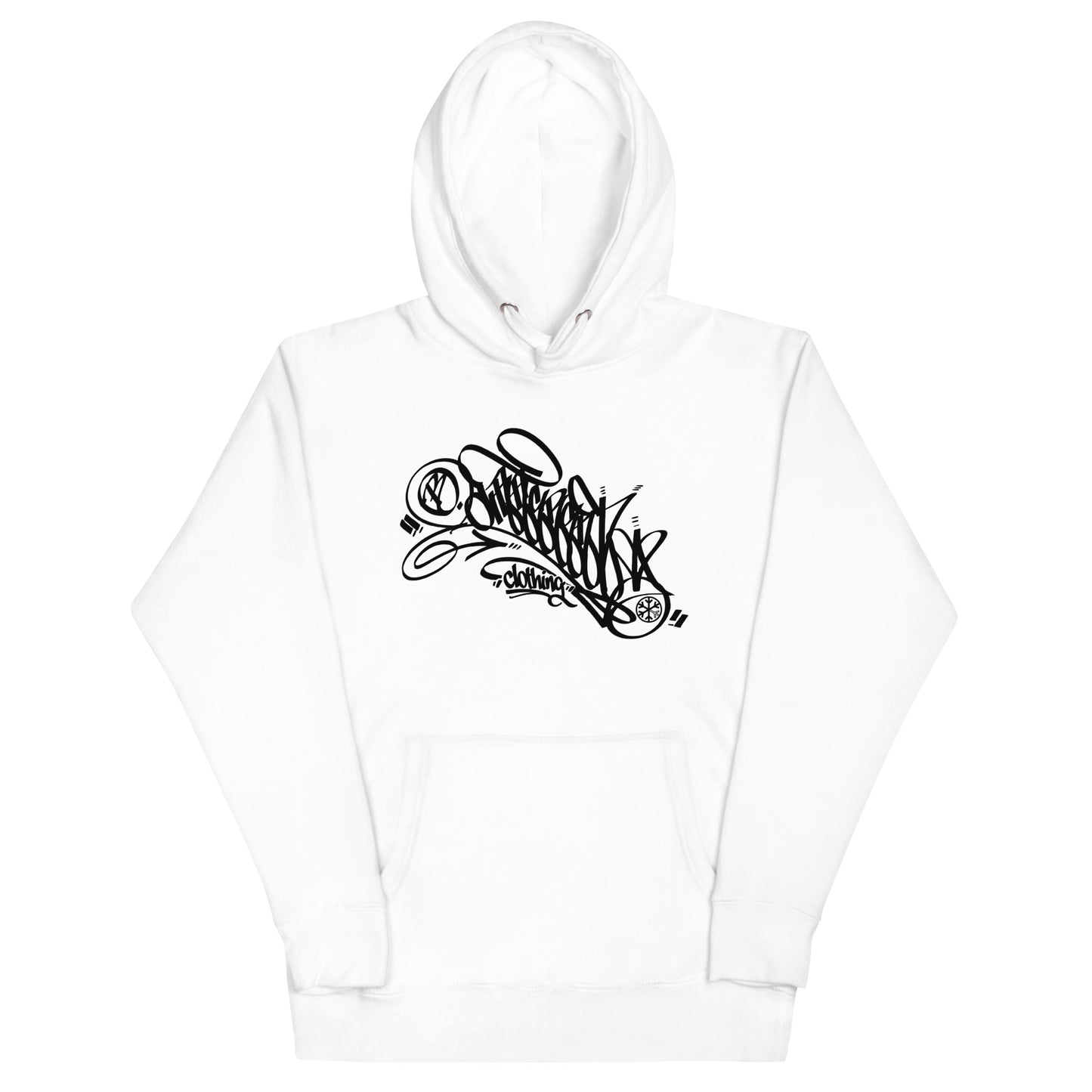 White-B.Different Clothing Graffiti Tag Hoodie from B.Different Clothing, front view, graffiti-inspired streetwear