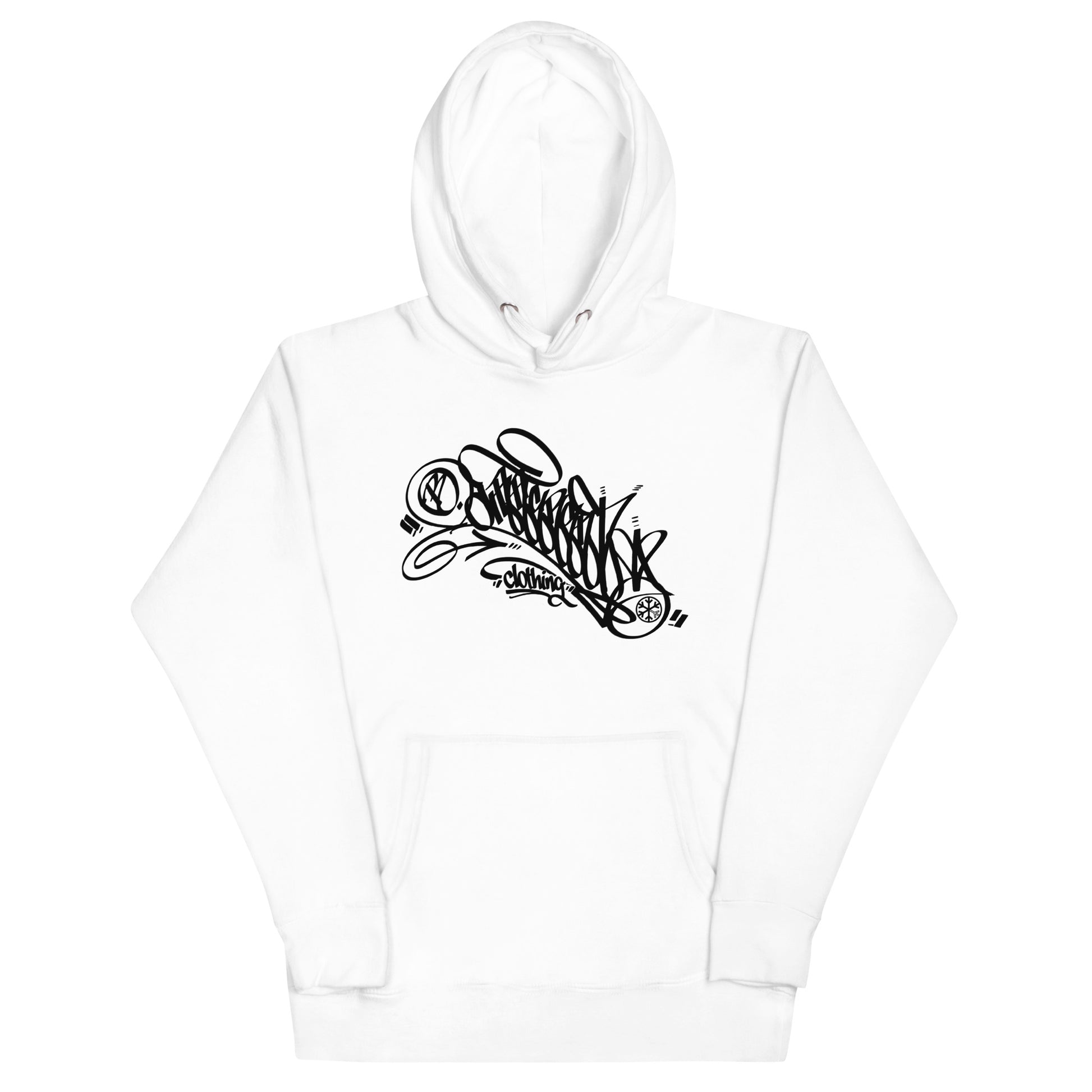 White-B.Different Clothing Graffiti Tag Hoodie from B.Different Clothing, front view, graffiti-inspired streetwear