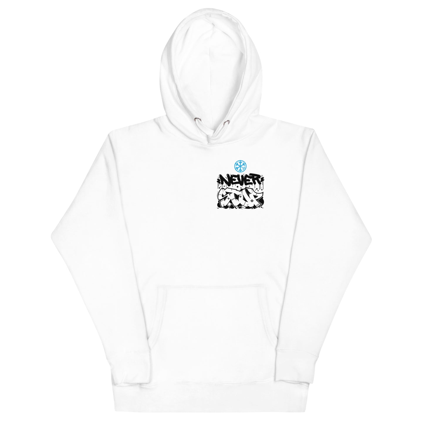 White-Never Stop Graffiti Character Hoodie from B.Different Clothing, front view, graffiti-inspired streetwear